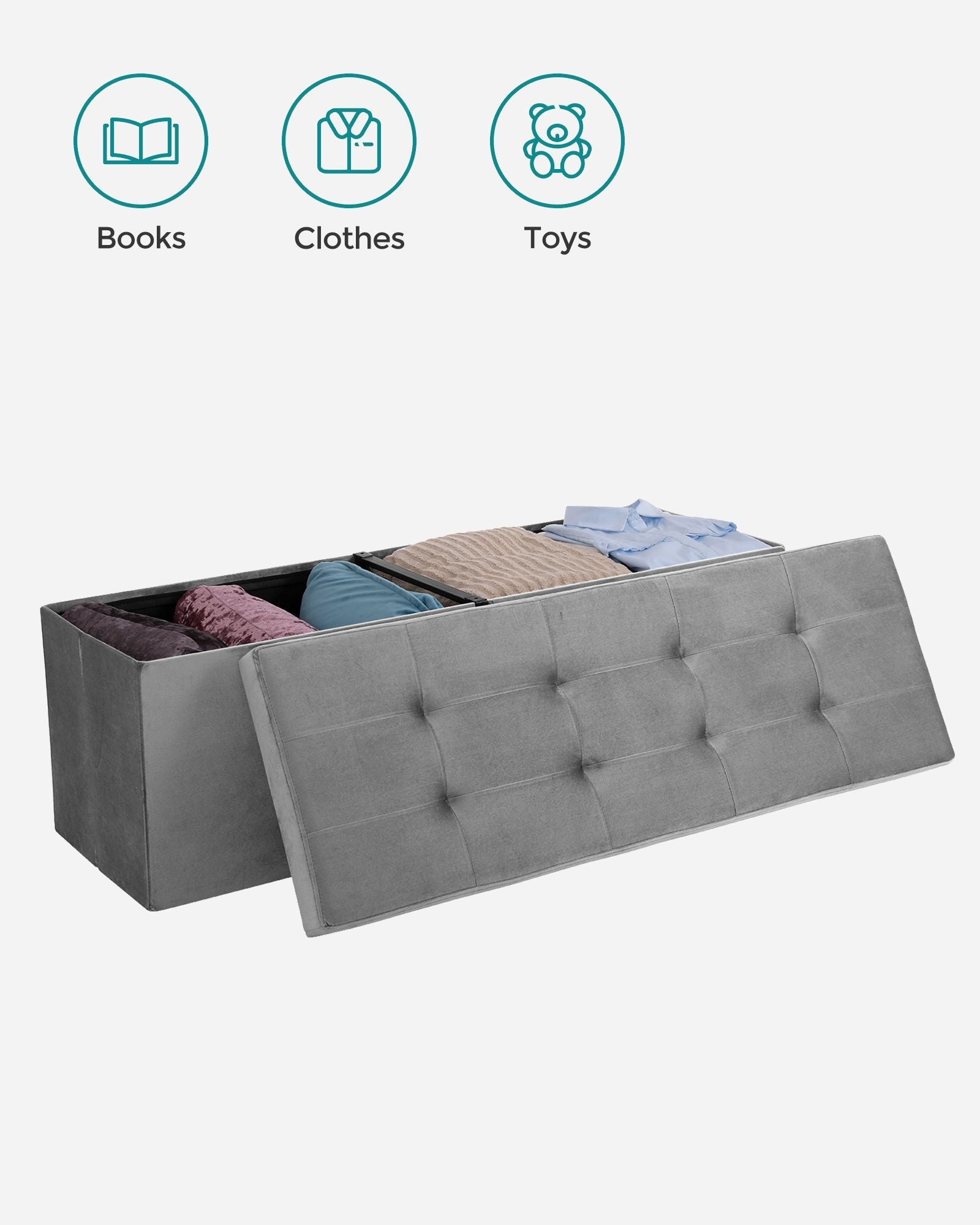 Folding Storage Ottoman – Velveteen – Grey – 120L Capacity Footstool and Shoe Bench