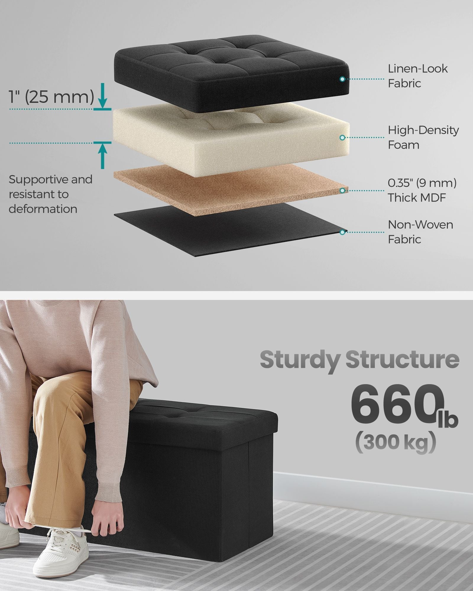 Foldable Storage Bench – Padded – Ink Black – Flip-Up Lid, 300 kg Load Capacity