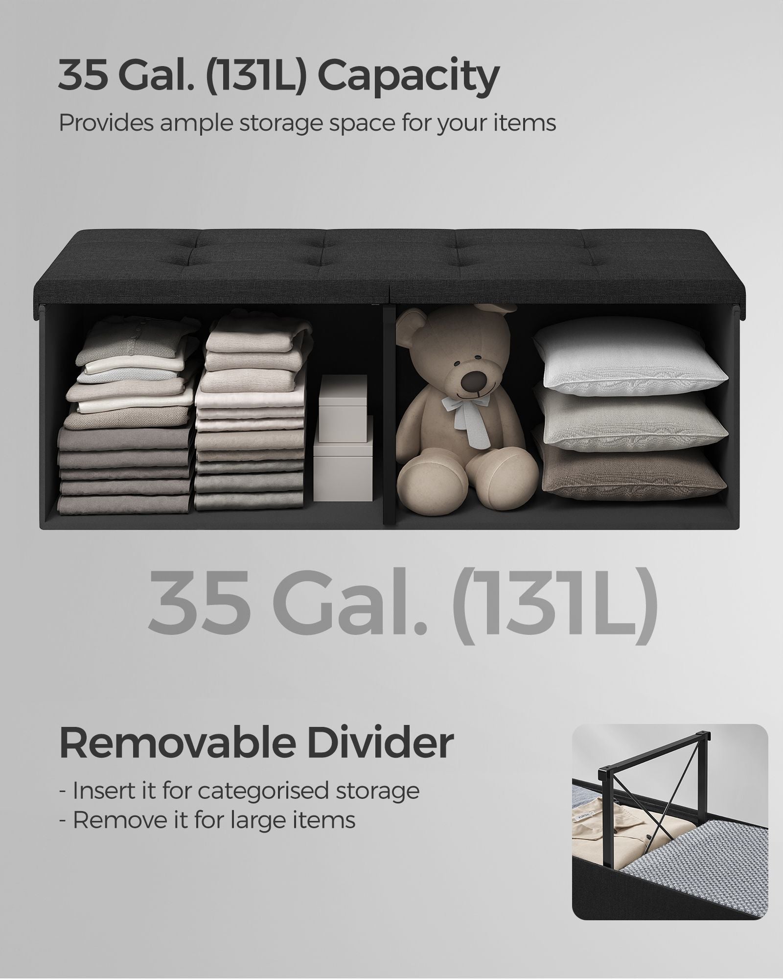 Foldable Storage Bench – Padded – Ink Black – Flip-Up Lid, 300 kg Load Capacity