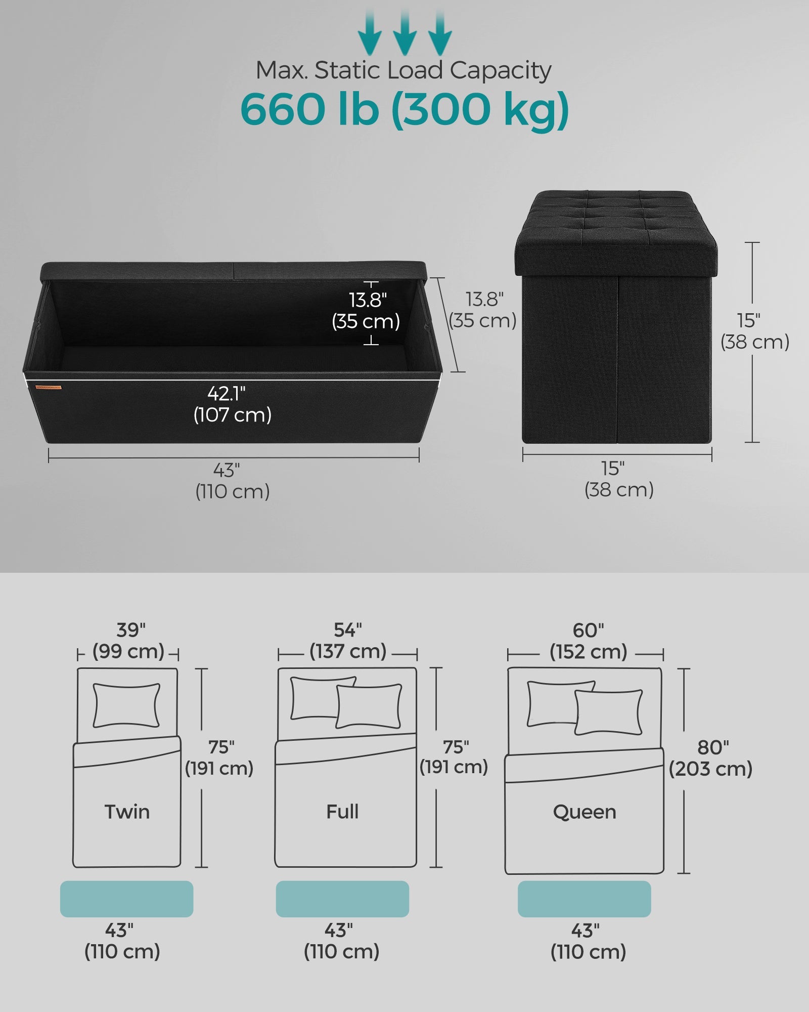 Foldable Storage Bench – Padded – Ink Black – Flip-Up Lid, 300 kg Load Capacity