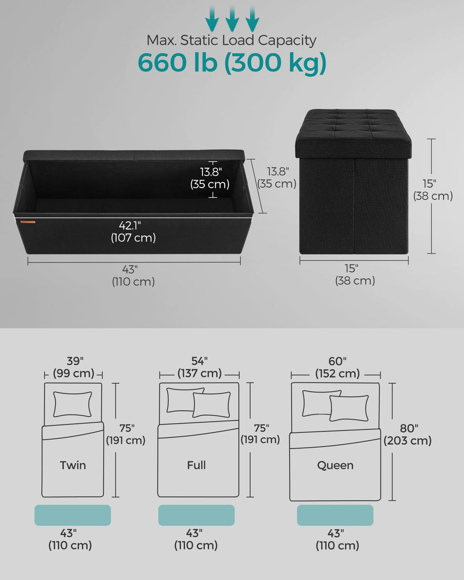 Foldable Storage Bench – Padded – Ink Black – Flip-Up Lid, 300 kg Load Capacity