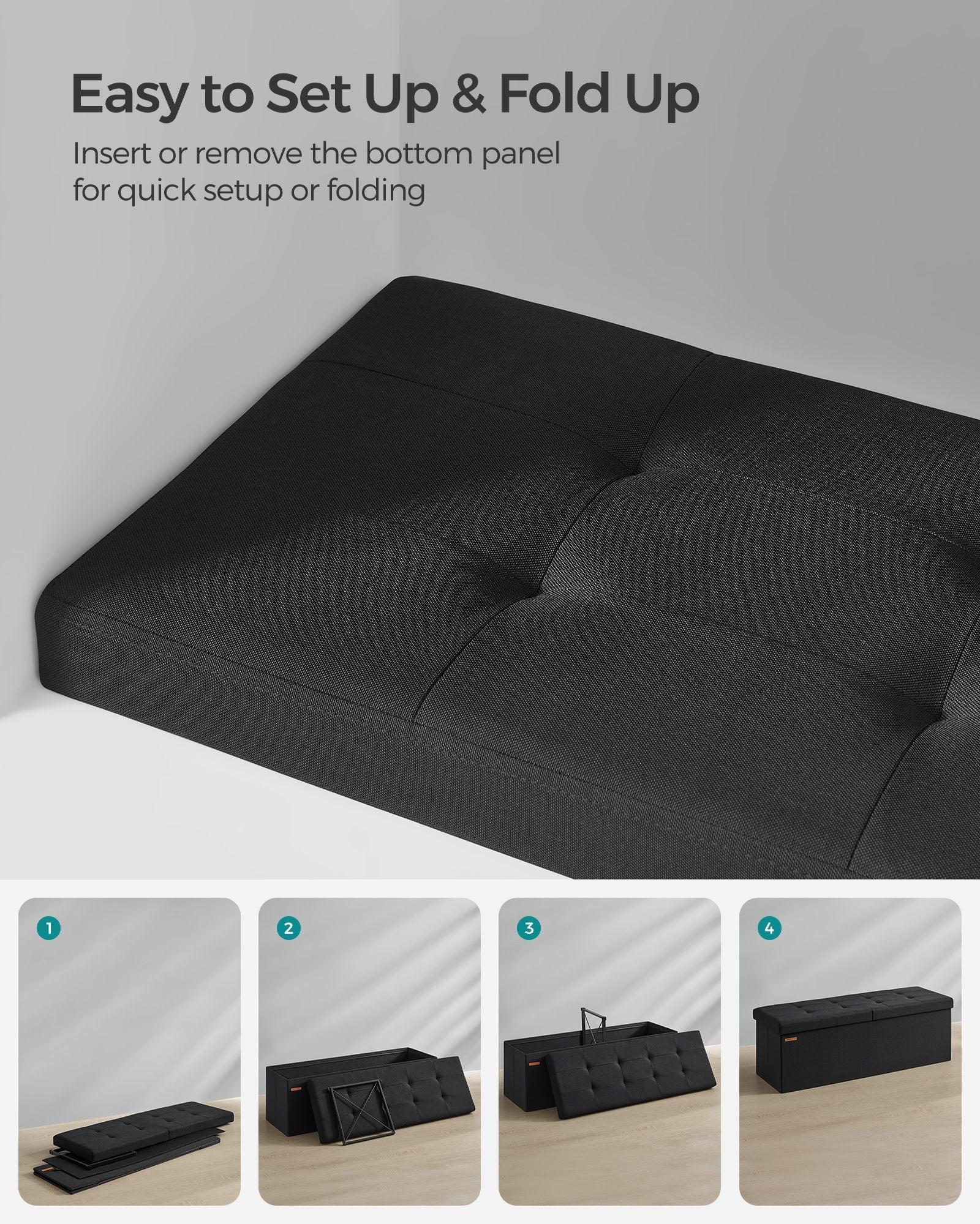 Foldable Storage Bench – Padded – Ink Black – Flip-Up Lid, 300 kg Load Capacity