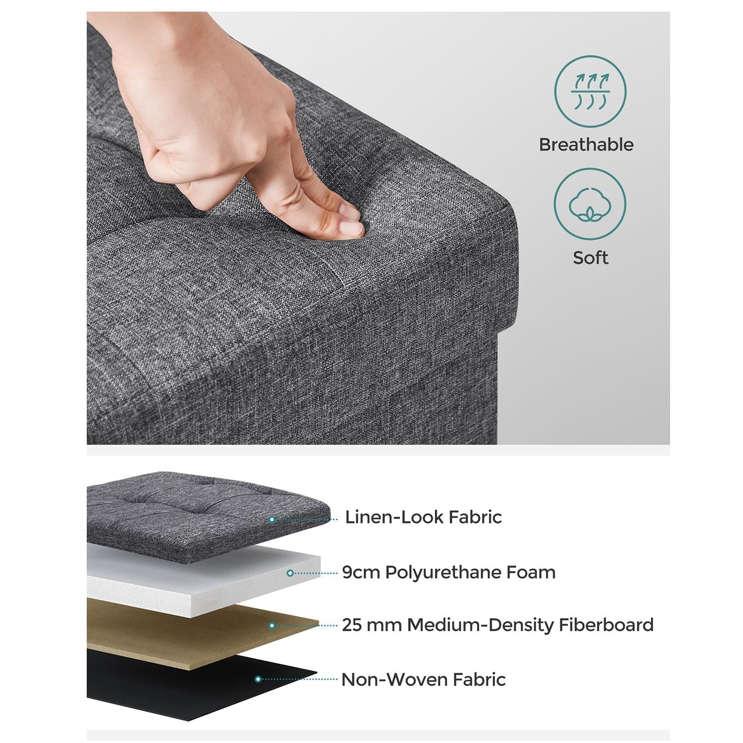 Storage Ottoman – Fabric – Dark Grey – 120L Capacity with Flip-Up Lid