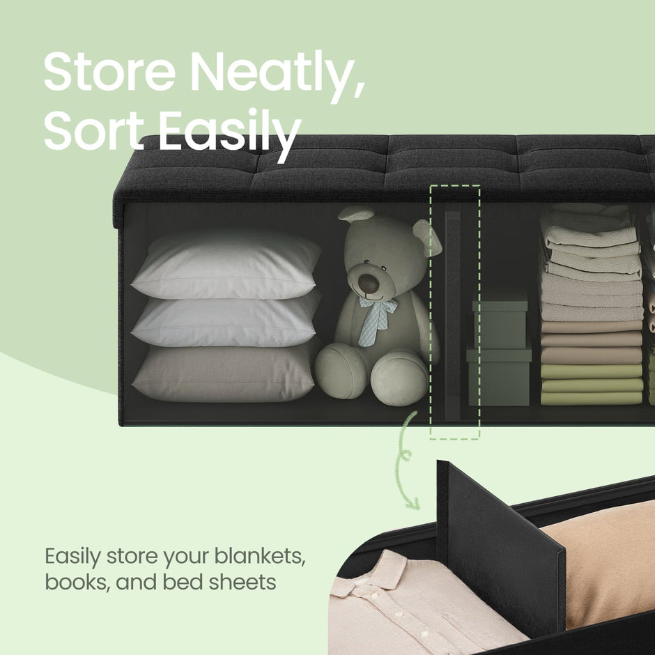 Storage Ottoman Bench – Fabric – Light Black – Padded Foldable with 120L Capacity