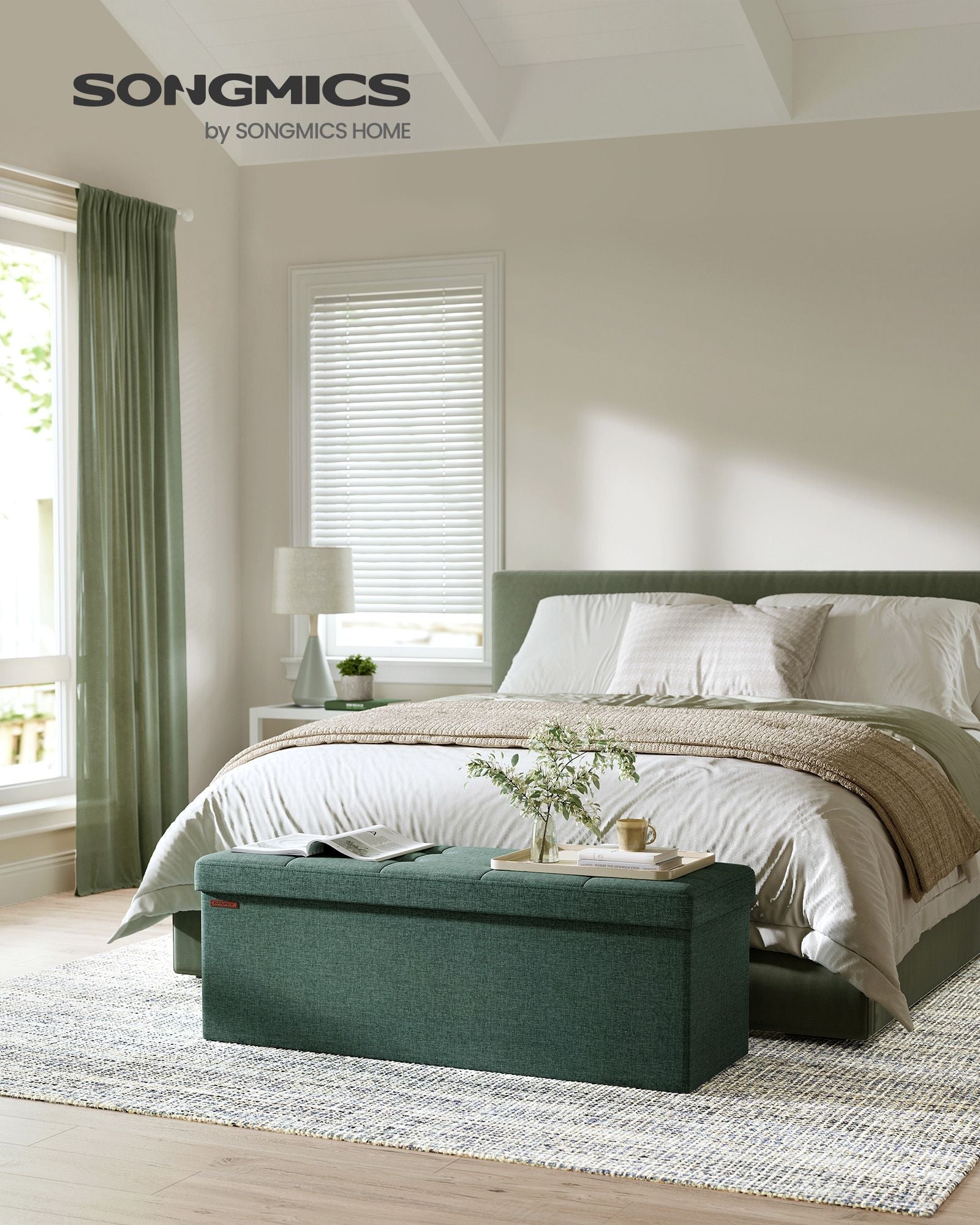 Foldable Storage Ottoman – Fabric – Retro Green – Padded, 120L Capacity
