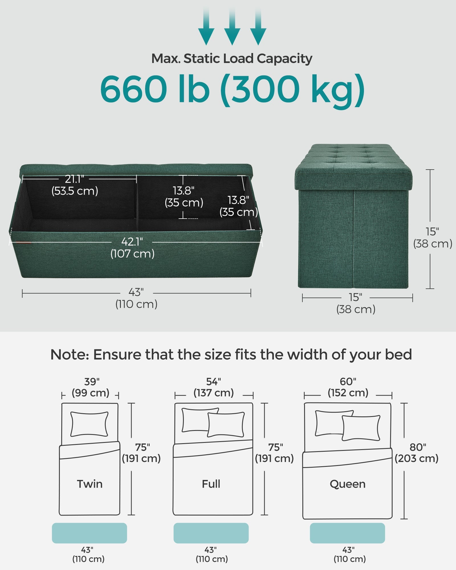 Foldable Storage Ottoman – Fabric – Retro Green – Padded, 120L Capacity