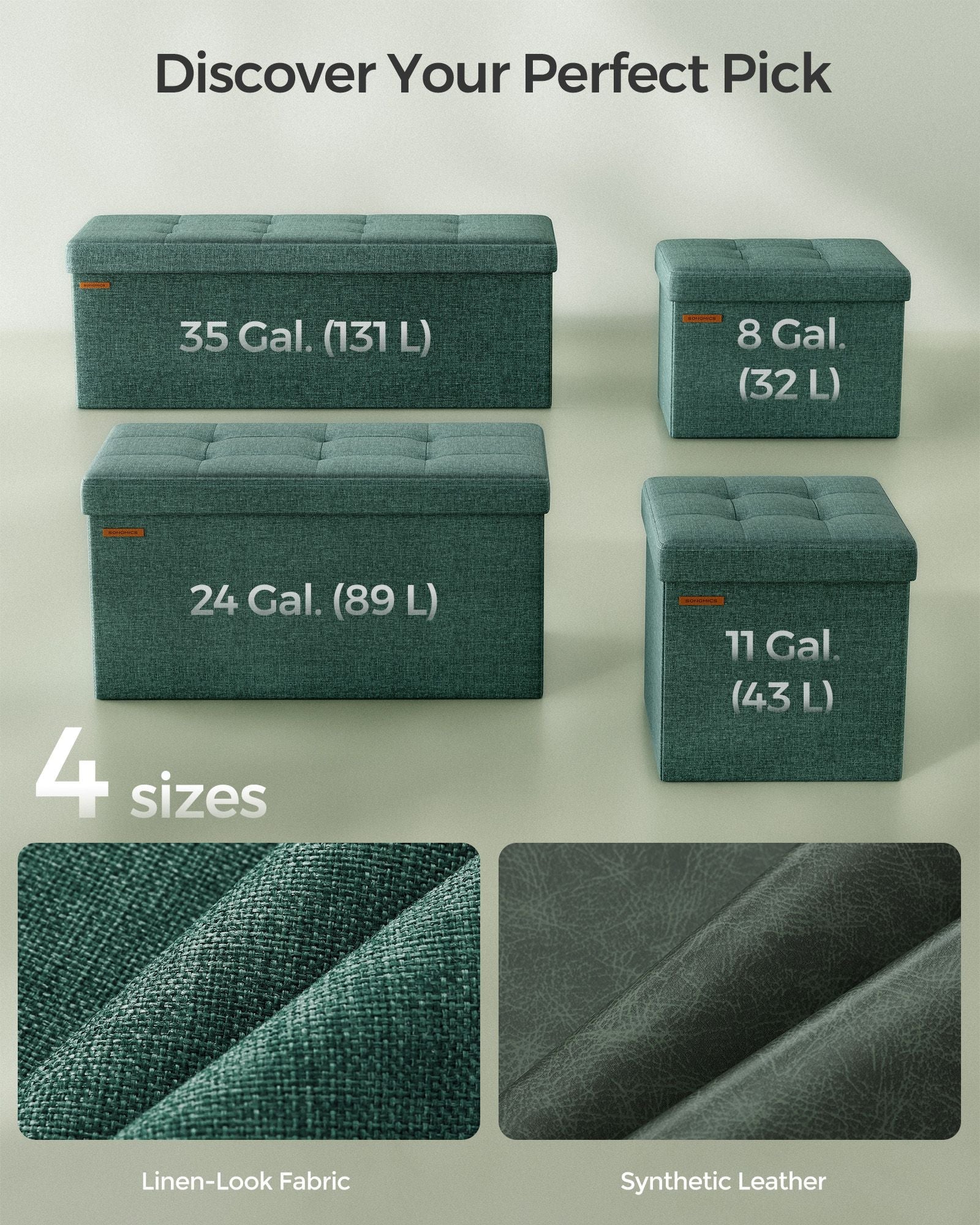 Foldable Storage Ottoman – Fabric – Retro Green – Padded, 120L Capacity