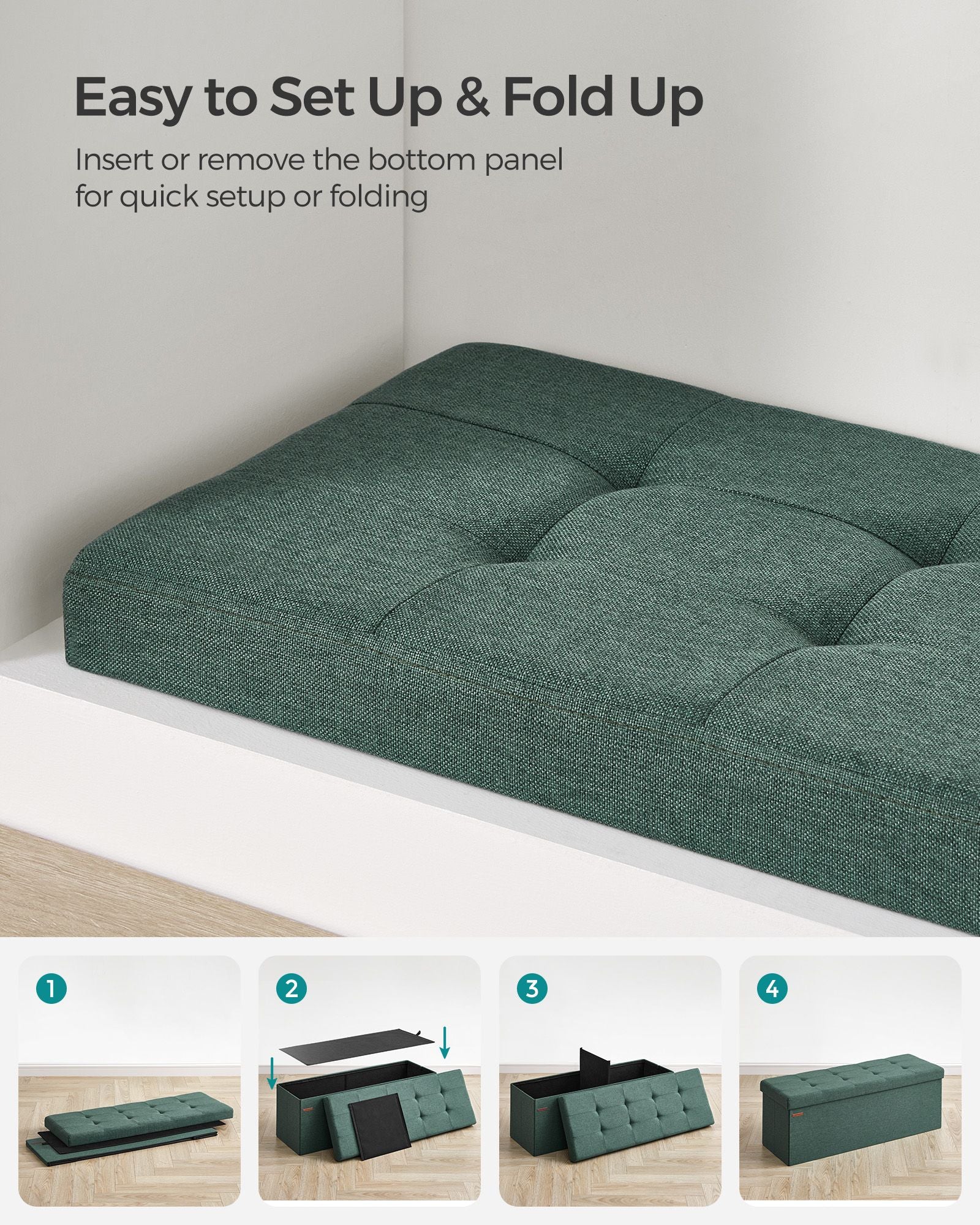 Foldable Storage Ottoman – Fabric – Retro Green – Padded, 120L Capacity