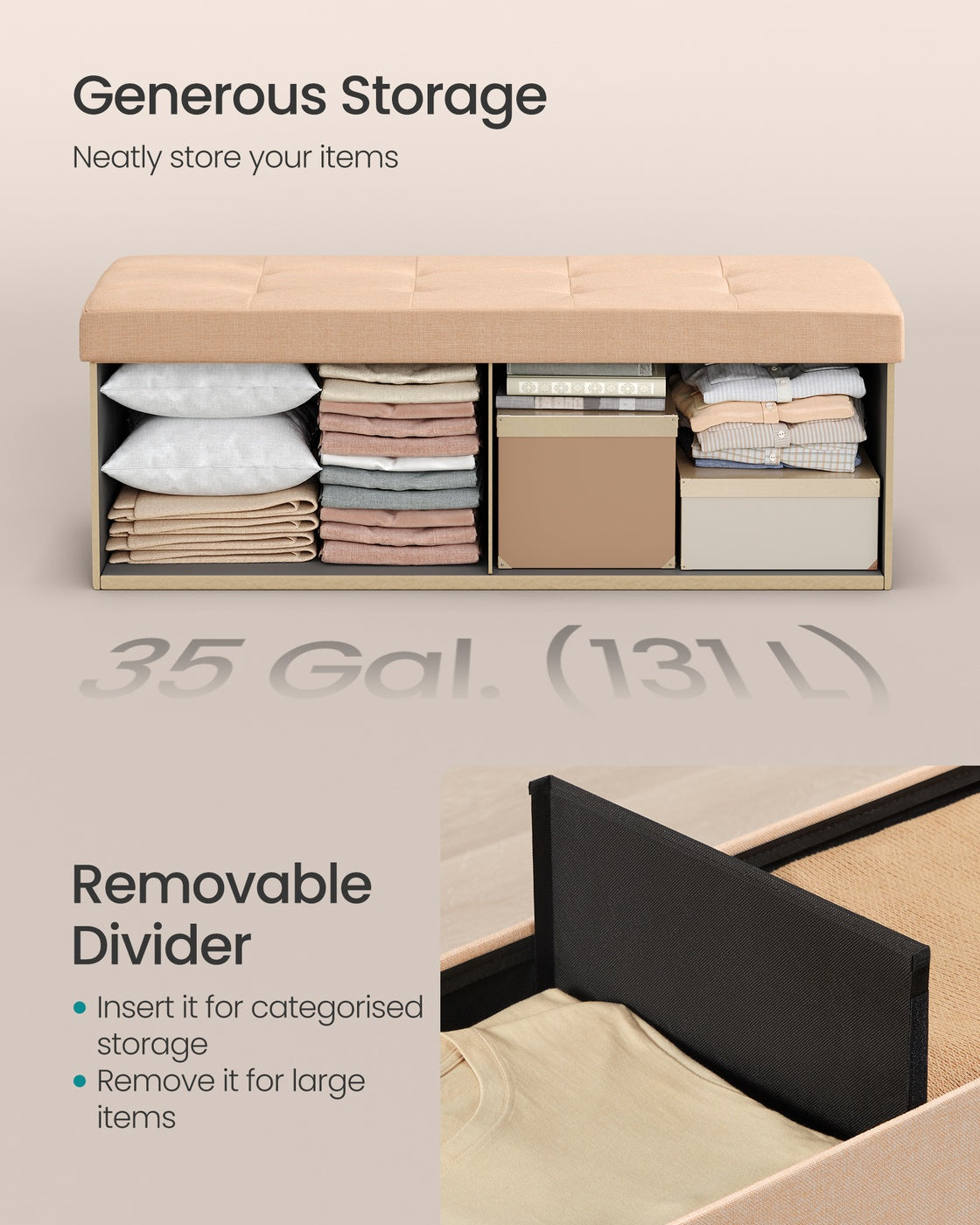 Storage Ottoman Bench – Fabric – Ink Black – Foldable with Storage and Foot Rest