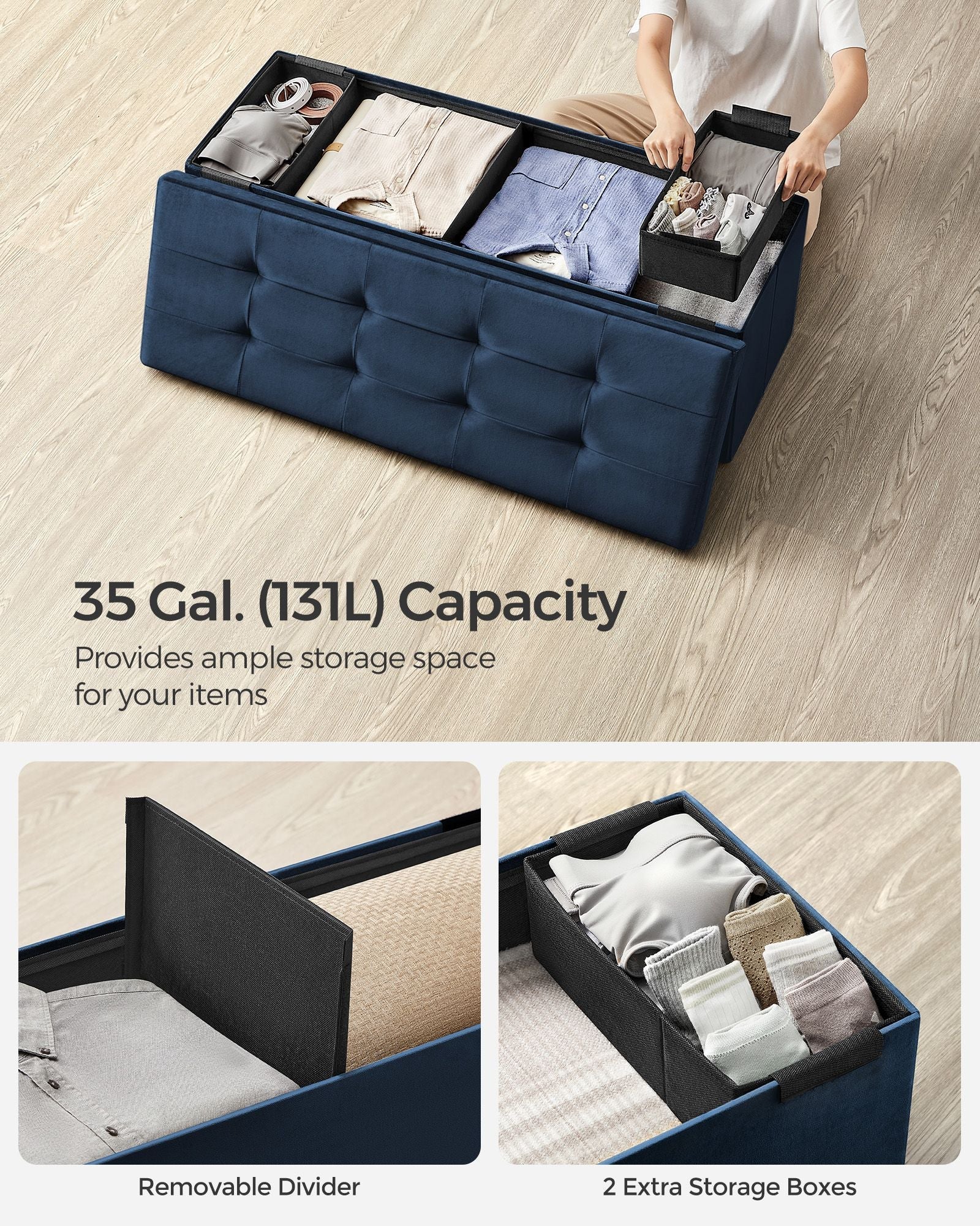 Foldable Storage Ottoman – Fabric – Dark Blue – Multifunctional Foot Rest with Storage