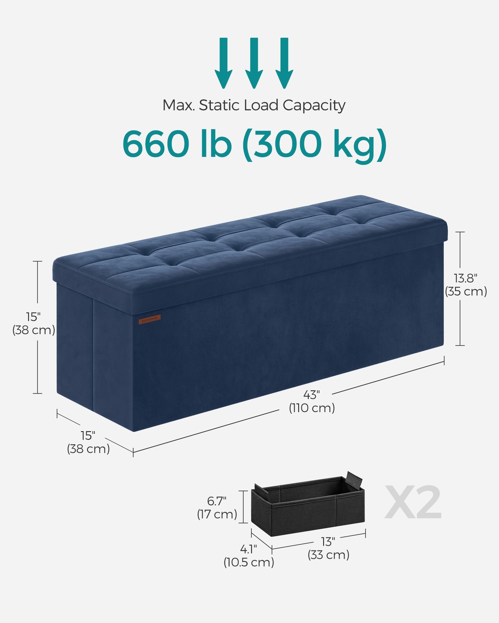Foldable Storage Ottoman – Fabric – Dark Blue – Multifunctional Foot Rest with Storage
