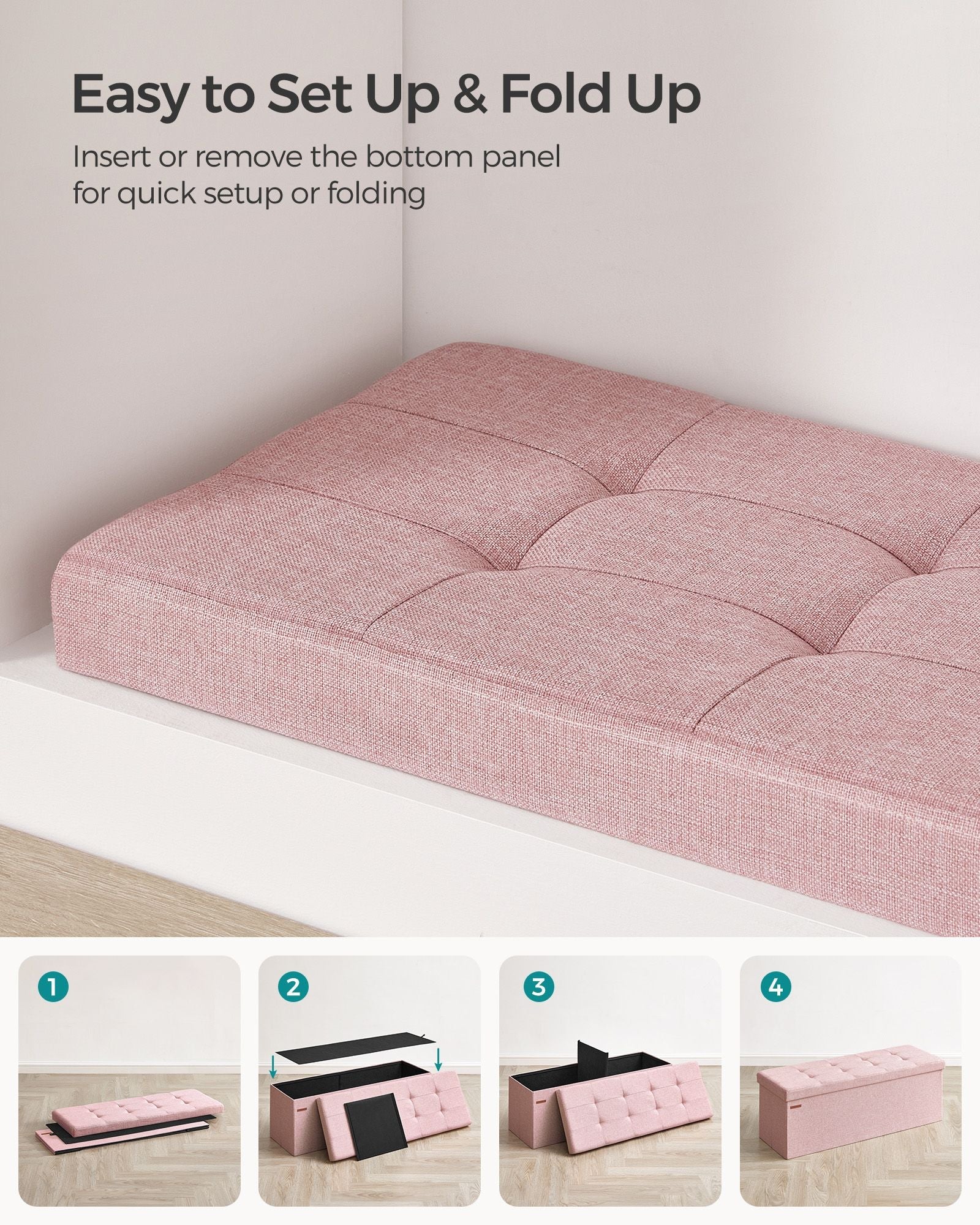 Foldable Storage Ottoman – Fabric – Jelly Pink – Space-Saving Design