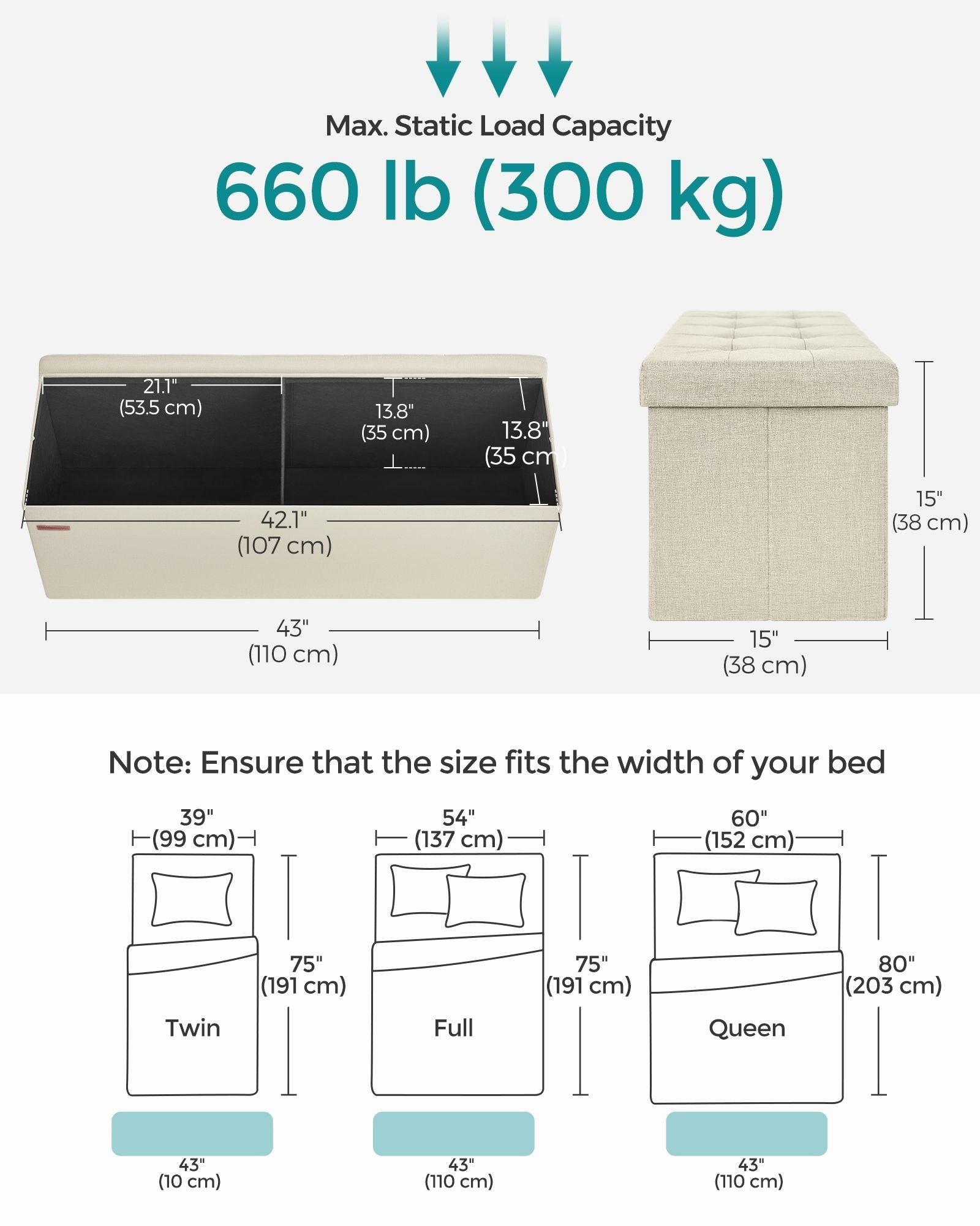 Foldable Storage Ottoman – Fabric – Cream White – Multi-Functional Footrest with 300 kg Capacity