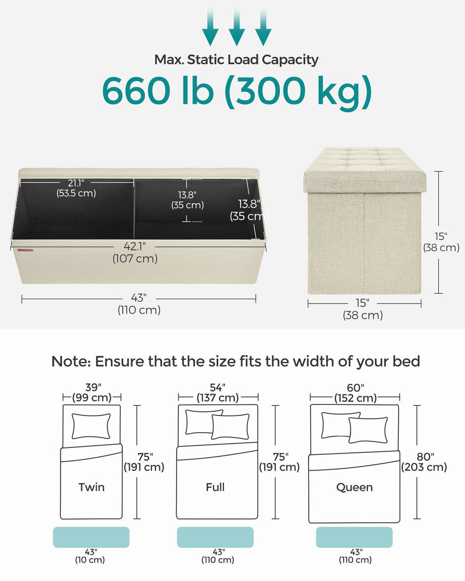 Foldable Storage Ottoman – Fabric – Cream White – Multi-Functional Footrest with 300 kg Capacity