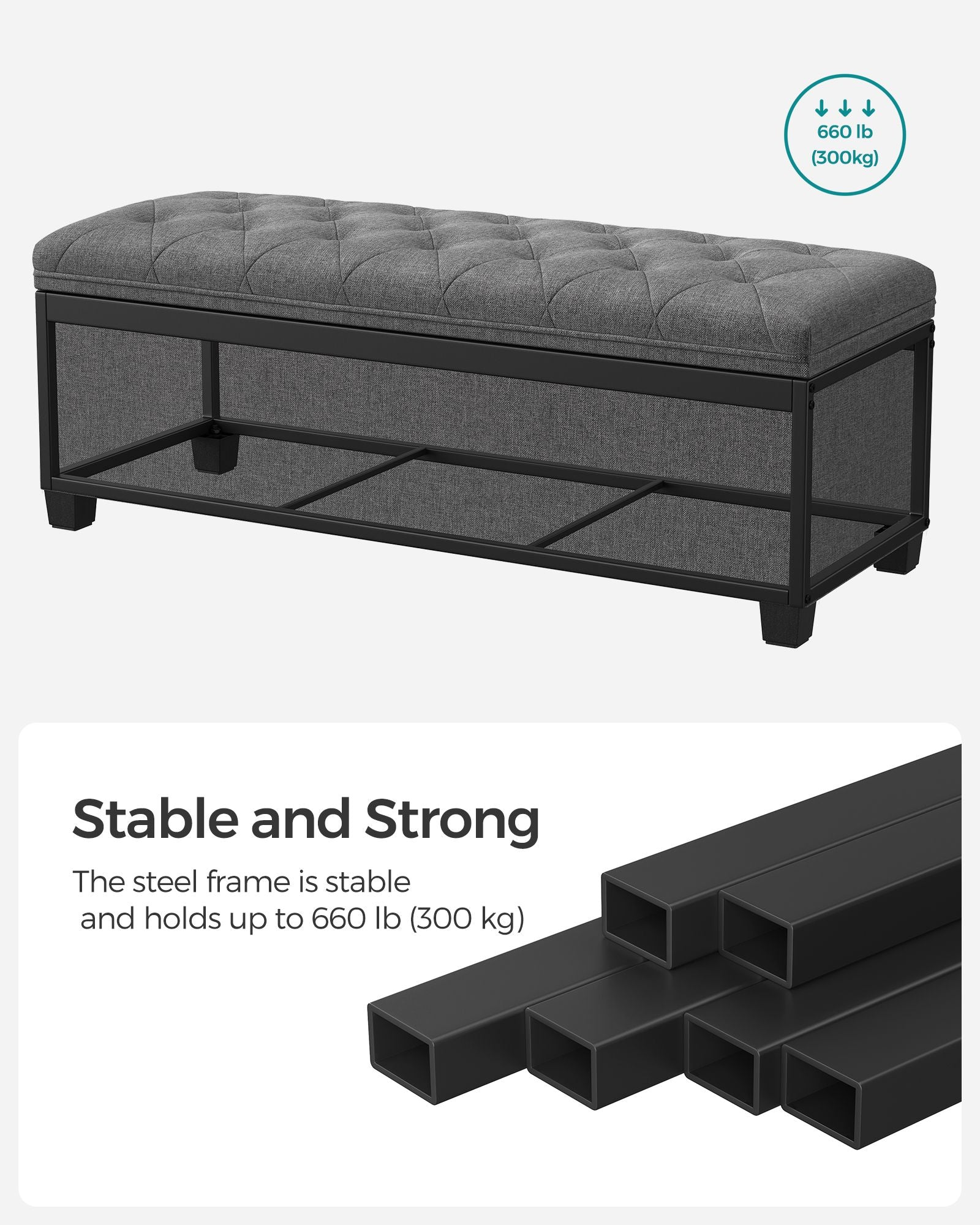 Storage Ottoman – Fabric – Dark Grey – Foldable with Legs and High Load Capacity