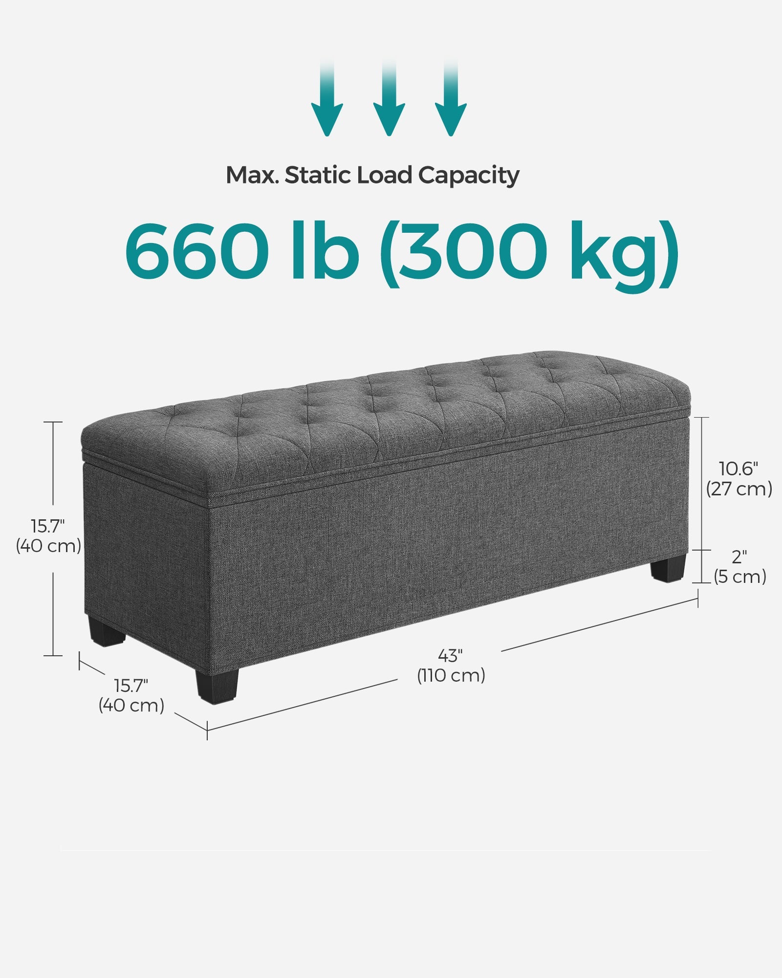 Storage Ottoman – Fabric – Dark Grey – Foldable with Legs and High Load Capacity