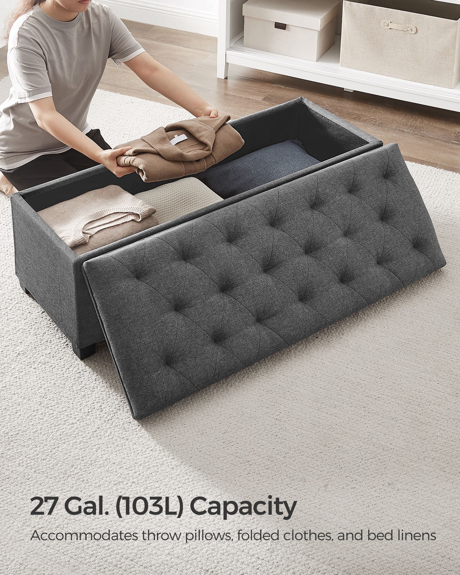Storage Ottoman – Fabric – Dark Grey – Foldable with Legs and High Load Capacity