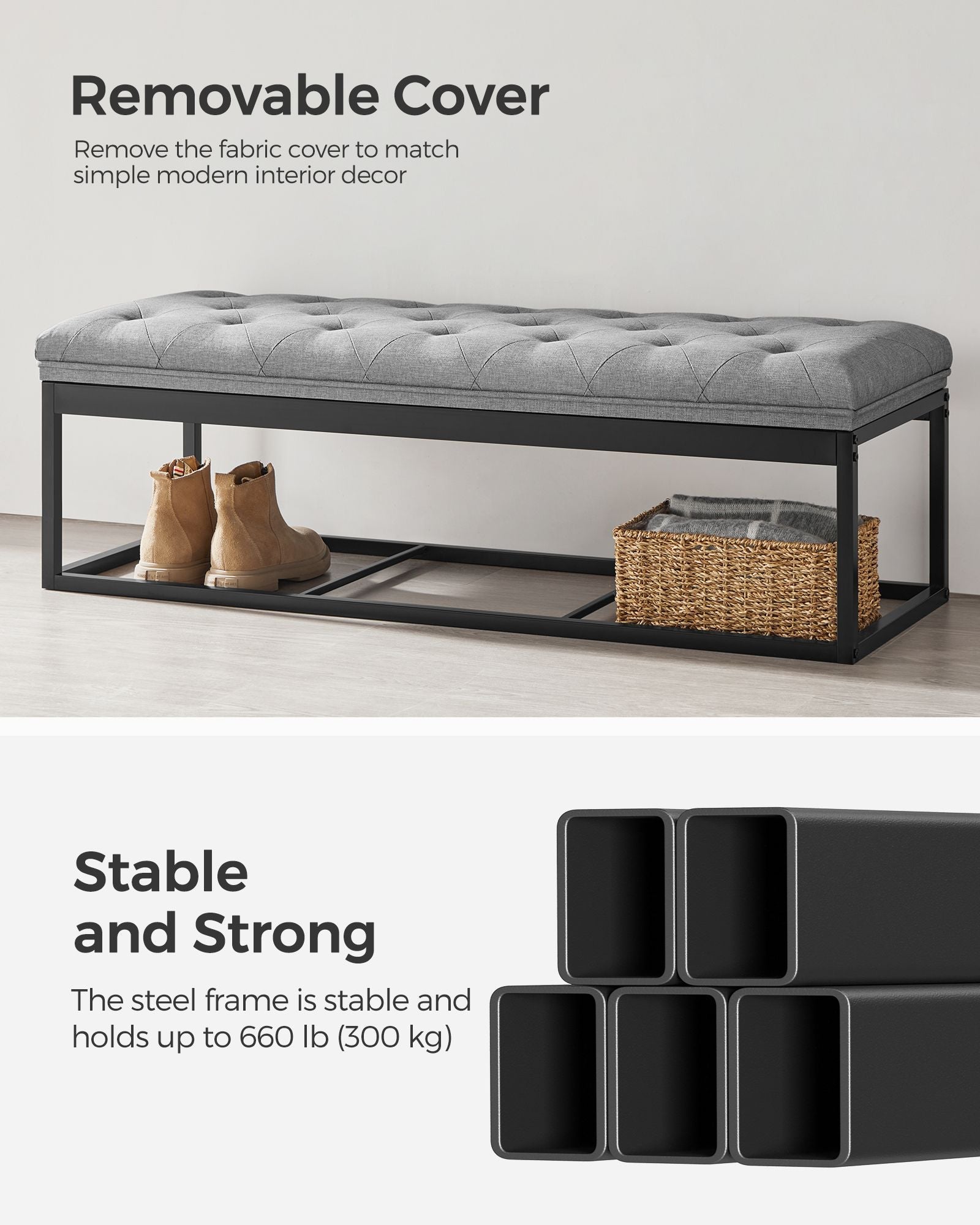 Storage Ottoman – Fabric – Light Grey – Foldable with Feet