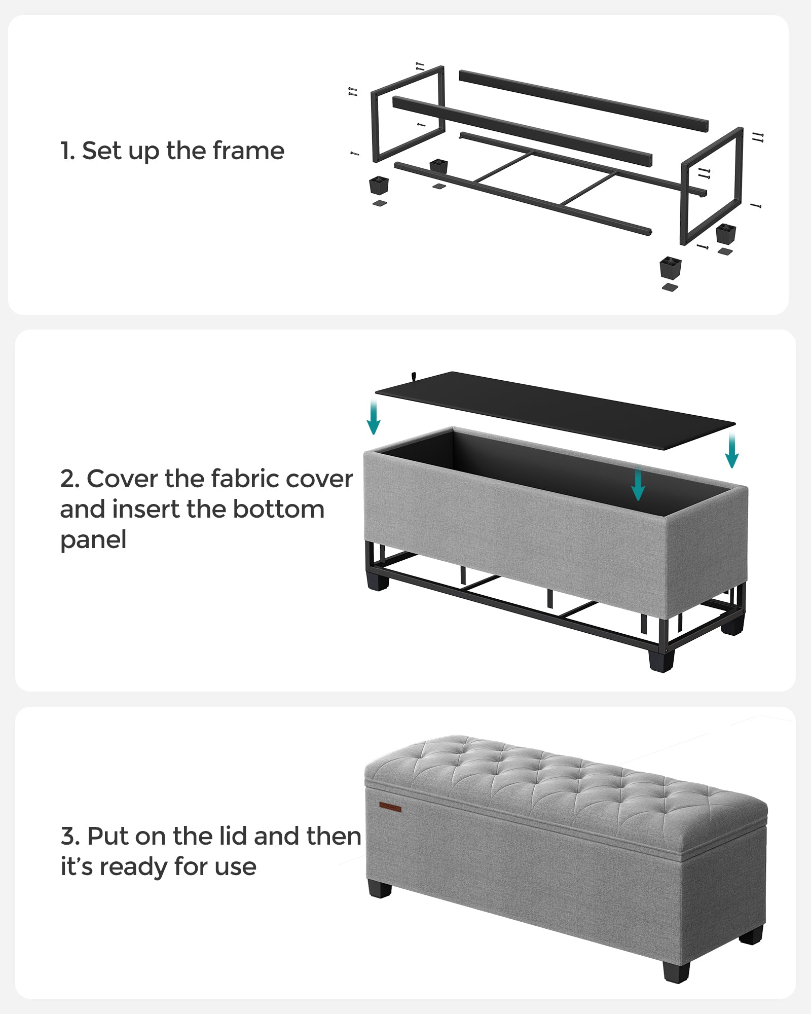 Storage Ottoman – Fabric – Light Grey – Foldable with Feet