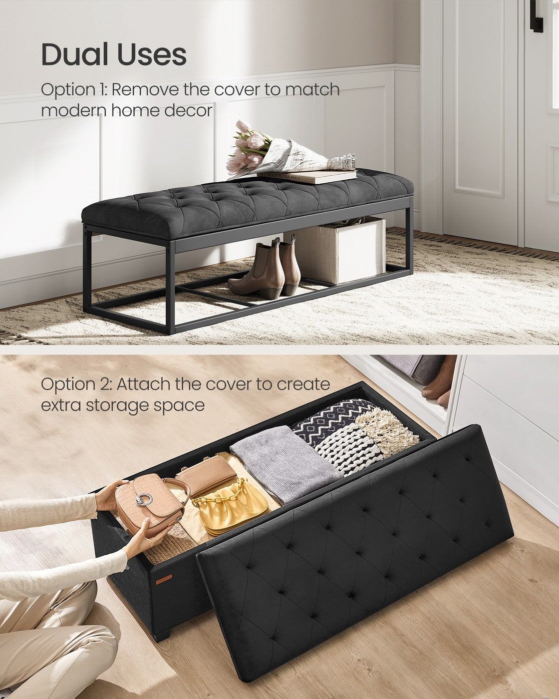Storage Ottoman Bench – Fabric – Dark Grey – Foldable with Storage and High Weight Capacity
