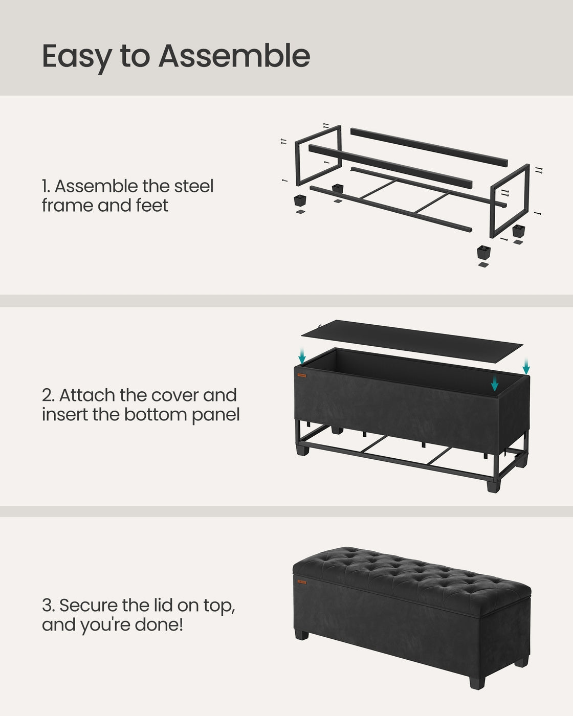 Storage Ottoman Bench – Fabric – Dark Grey – Foldable with Storage and High Weight Capacity