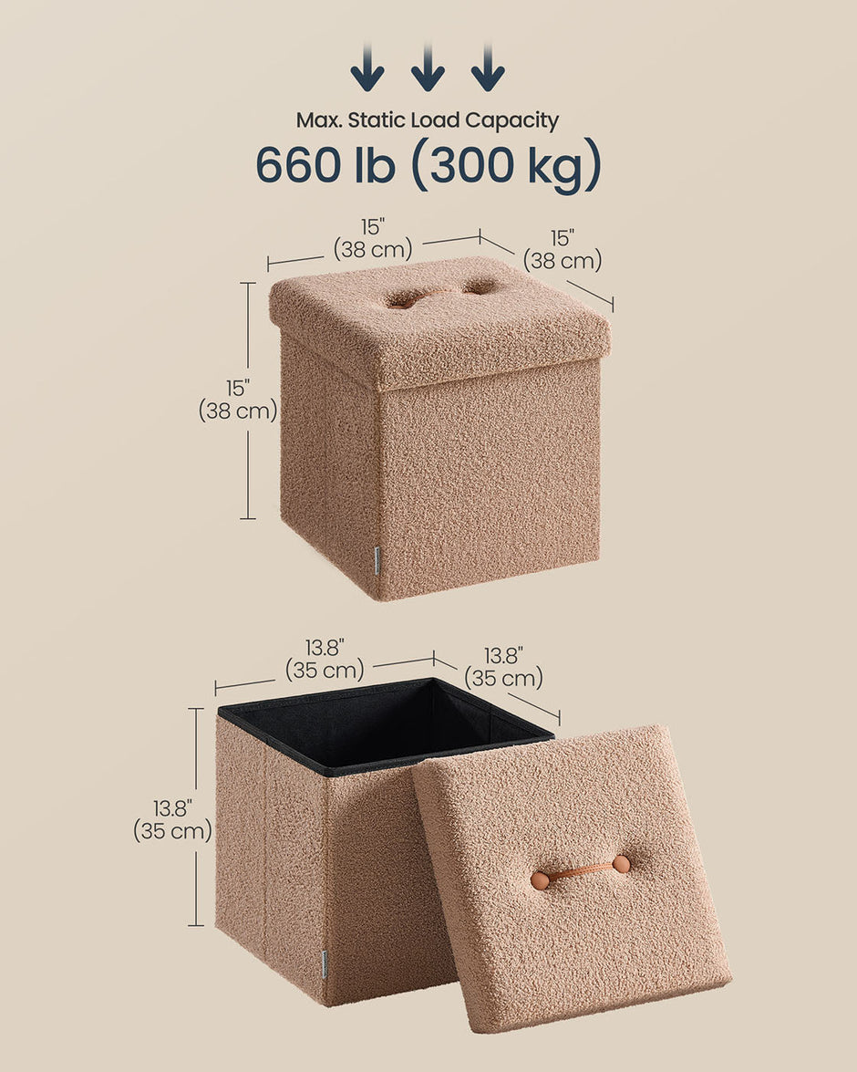 Folding Storage Ottoman – Fabric – Camel Brown – Removable Lid, 38 x 38 x 38 cm