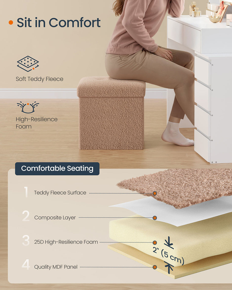 Folding Storage Ottoman – Fabric – Camel Brown – Removable Lid, 38 x 38 x 38 cm