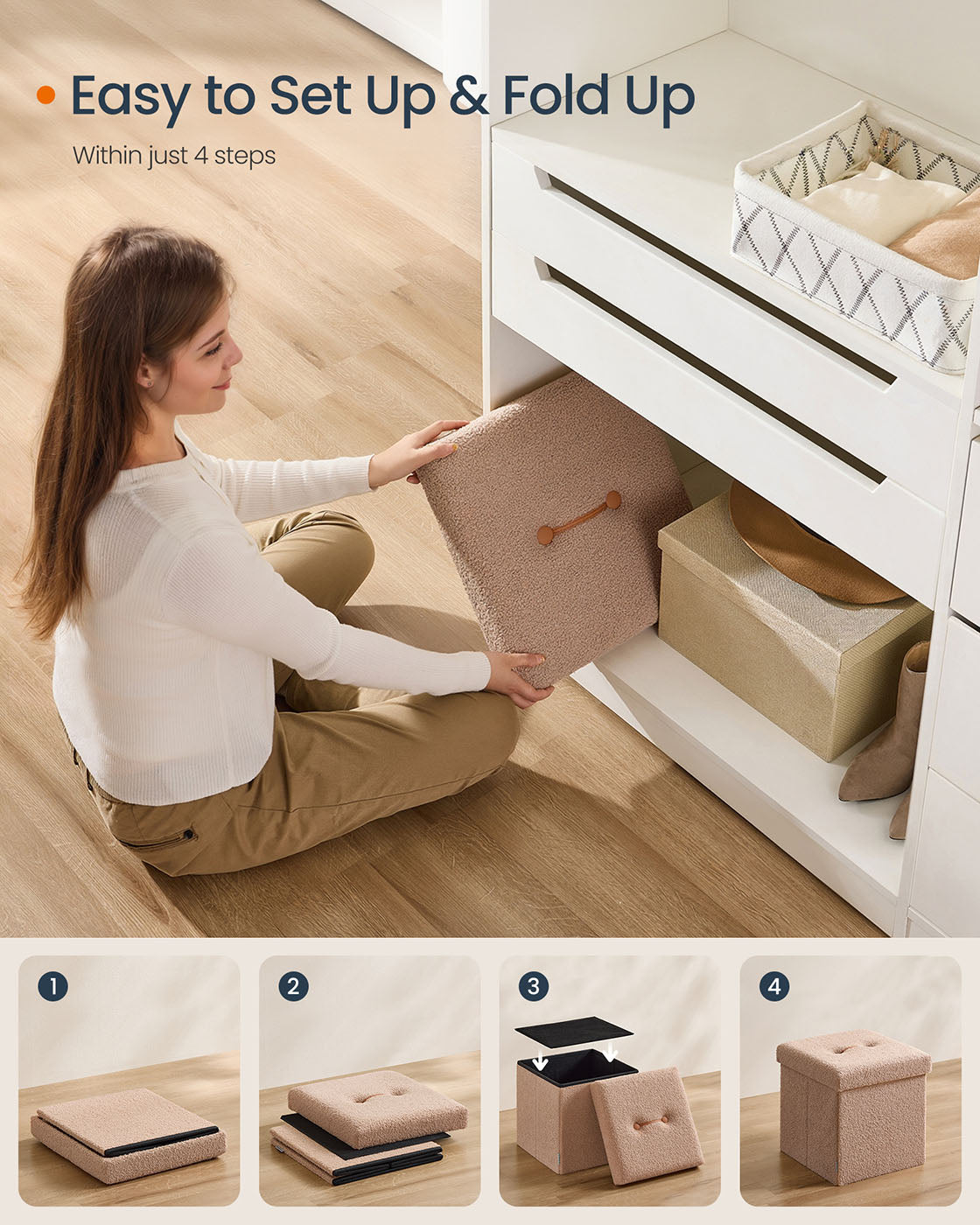 Folding Storage Ottoman – Fabric – Camel Brown – Removable Lid, 38 x 38 x 38 cm