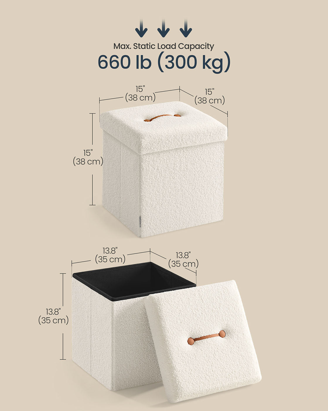 Folding Storage Ottoman – Fabric – Cream White – Removable Lid, Load Capacity 300 kg