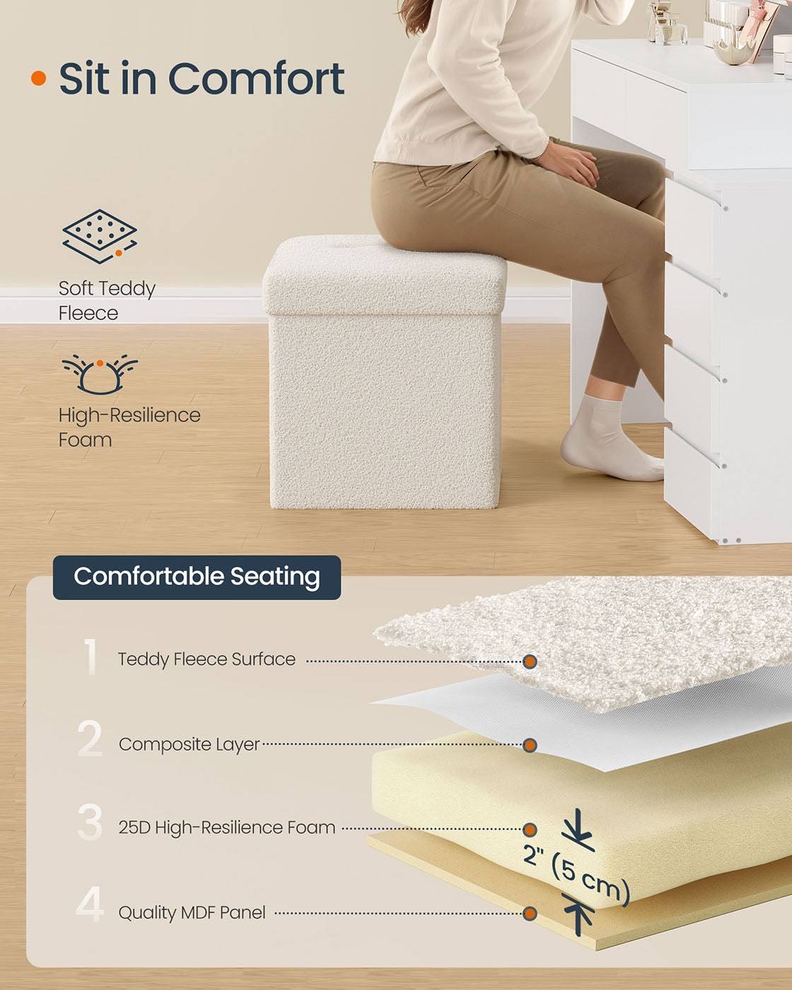 Folding Storage Ottoman – Fabric – Cream White – Removable Lid, Load Capacity 300 kg