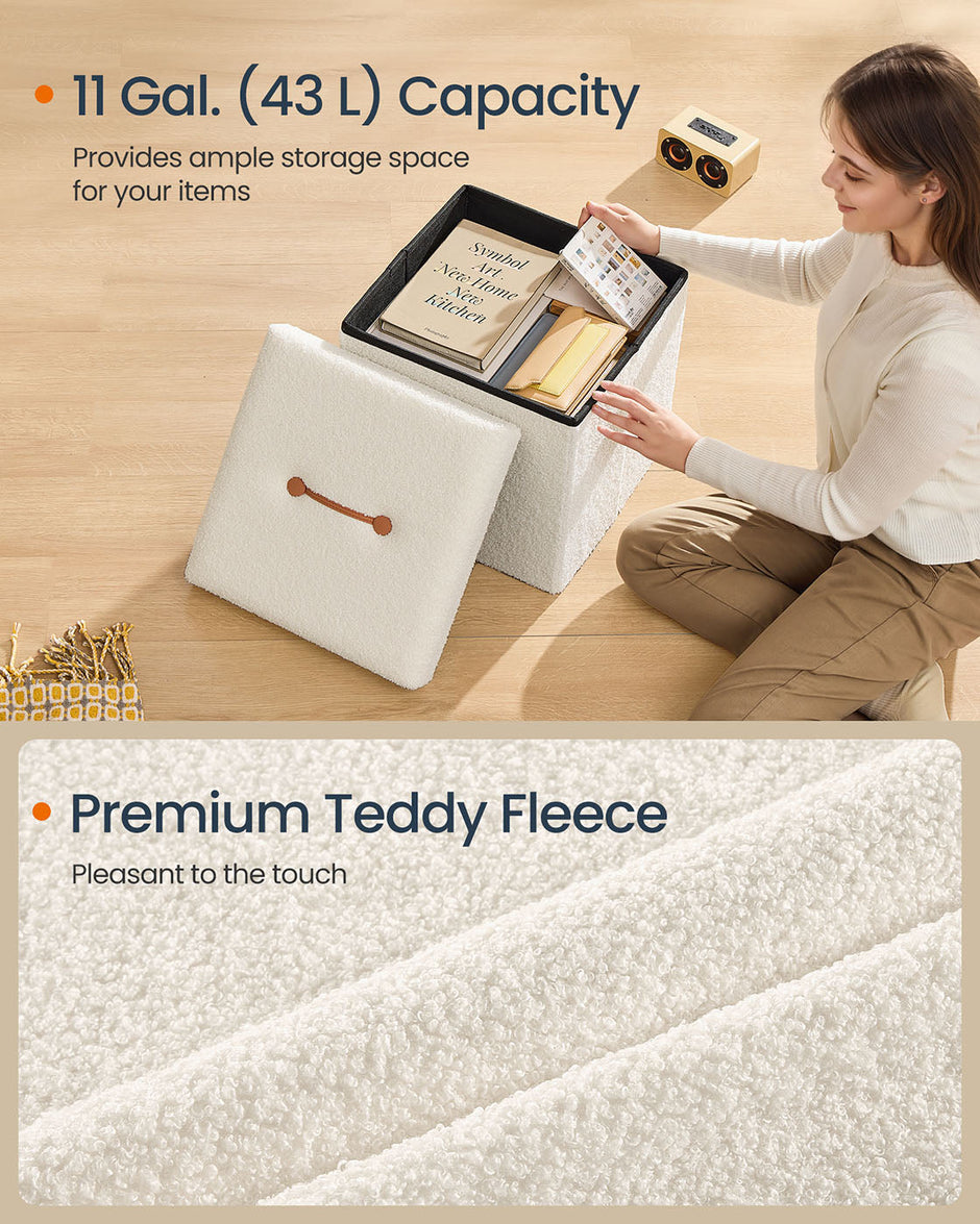 Folding Storage Ottoman – Fabric – Cream White – Removable Lid, Load Capacity 300 kg