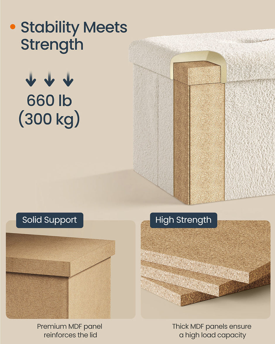 Folding Storage Ottoman – Fabric – Cream White – Removable Lid, Load Capacity 300 kg