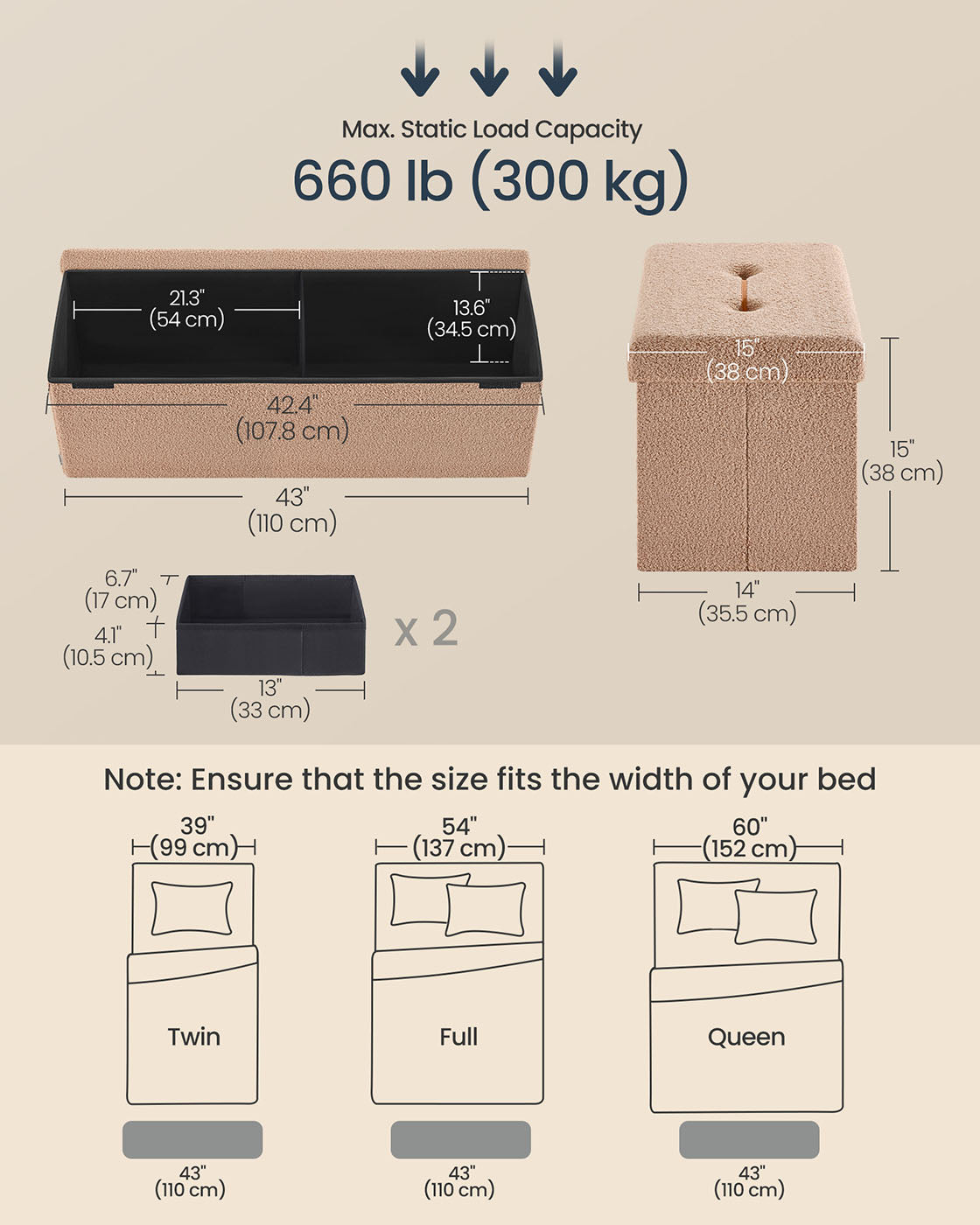 Folding Storage Ottoman – Fabric – Camel Brown – Removable Lid, 300 kg Capacity