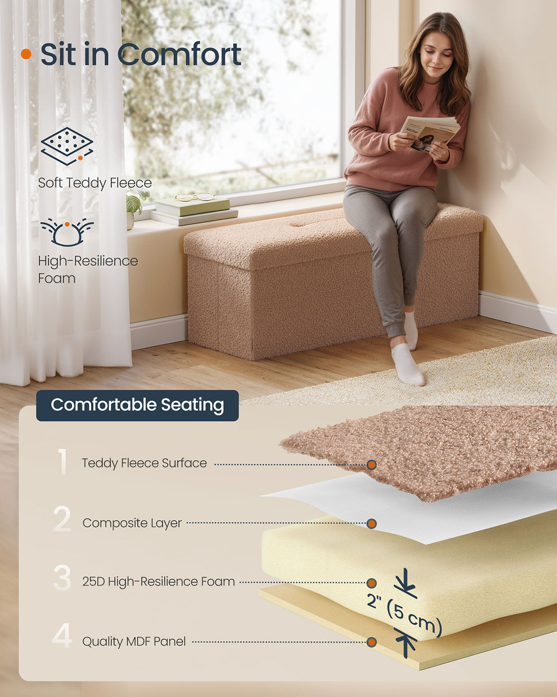 Folding Storage Ottoman – Fabric – Camel Brown – Removable Lid, 300 kg Capacity
