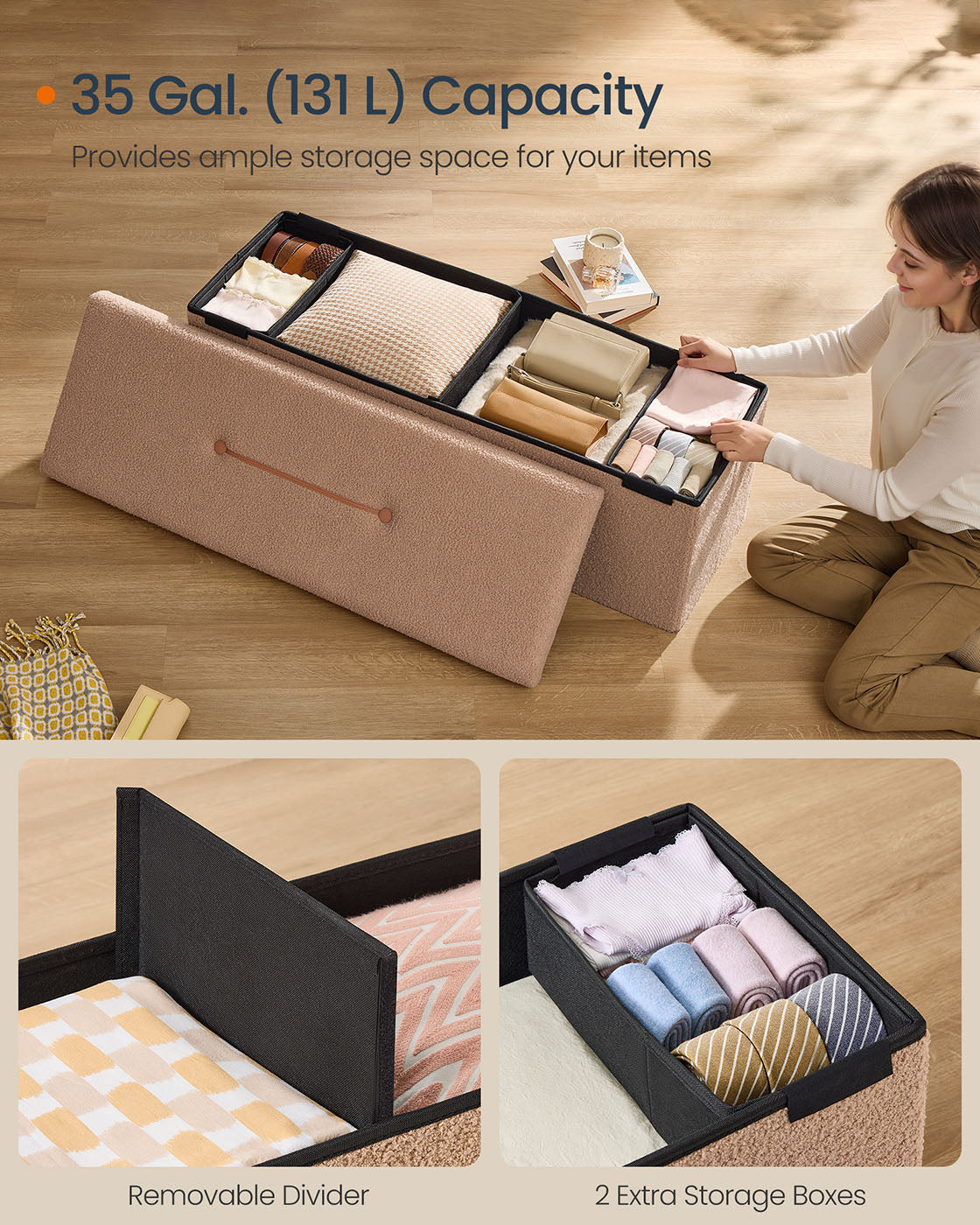 Folding Storage Ottoman – Fabric – Camel Brown – Removable Lid, 300 kg Capacity