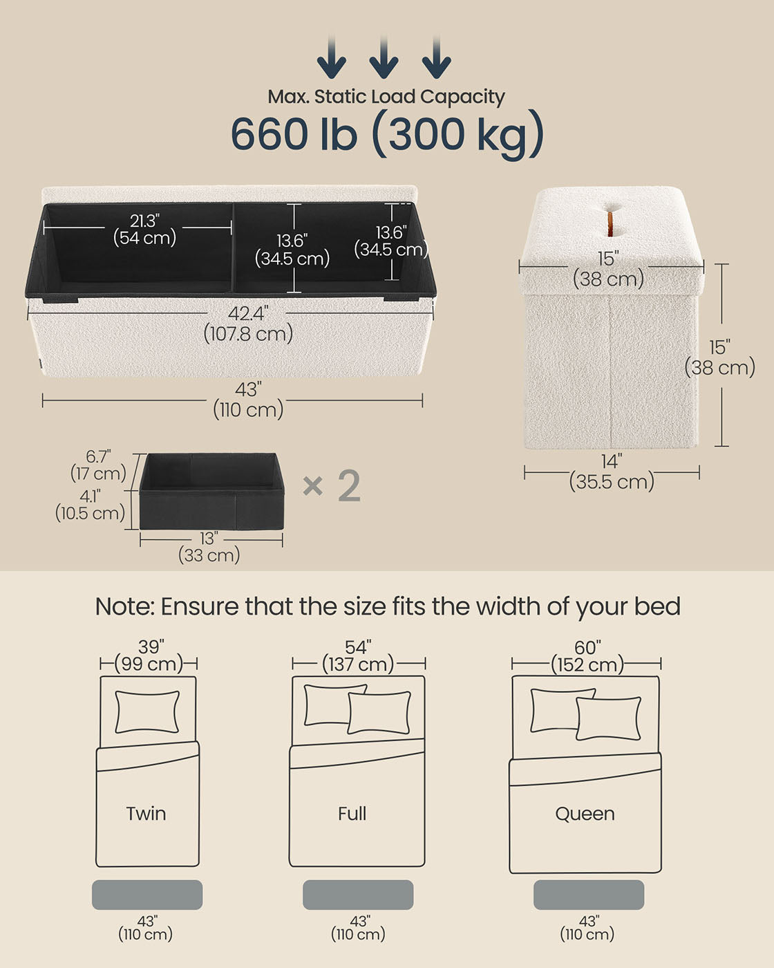 Folding Storage Ottoman – Fabric – Cream White – Removable Lid, 300 kg Load Capacity