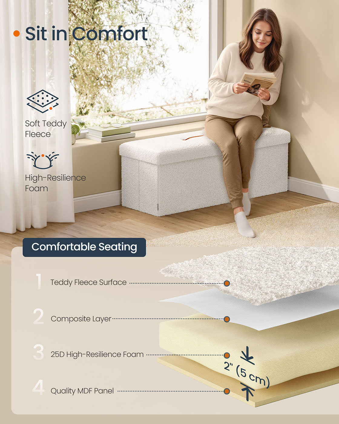 Folding Storage Ottoman – Fabric – Cream White – Removable Lid, 300 kg Load Capacity