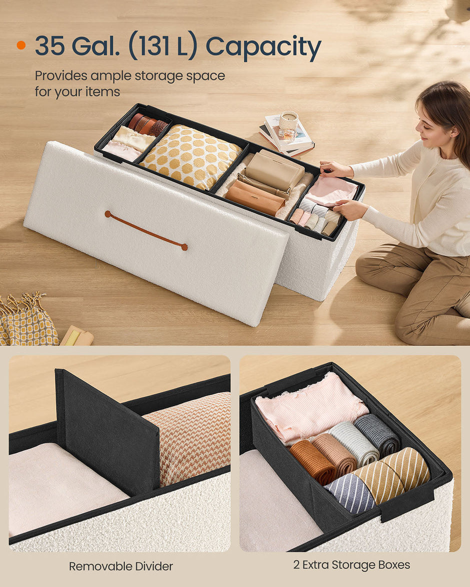 Folding Storage Ottoman – Fabric – Cream White – Removable Lid, 300 kg Load Capacity