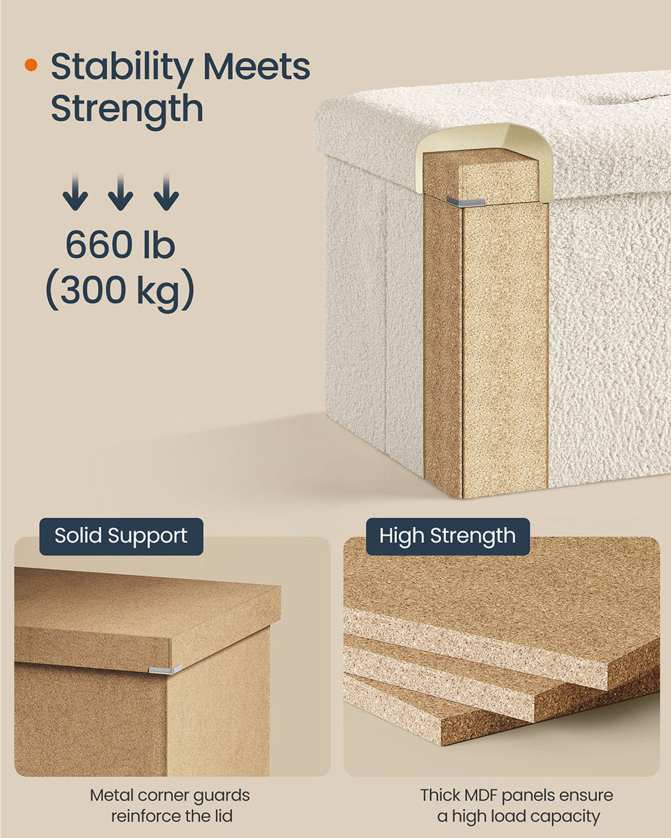 Folding Storage Ottoman – Fabric – Cream White – Removable Lid, 300 kg Load Capacity
