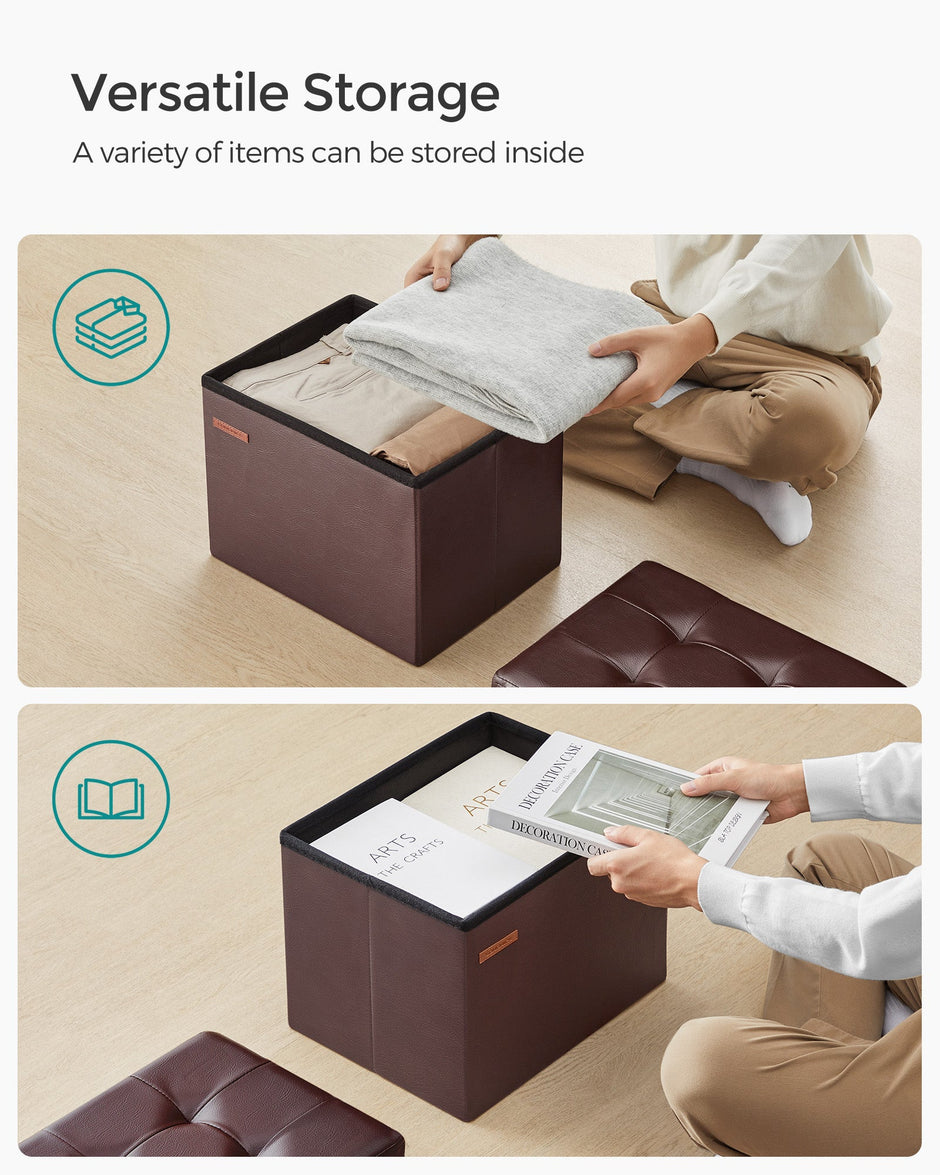 Foldable Ottoman – Fabric – Chestnut Brown – Cube Storage Design