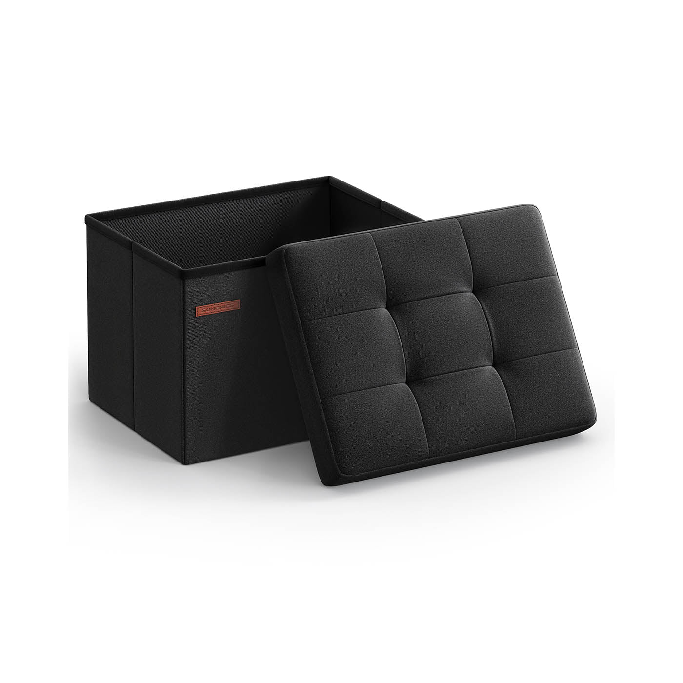 Foldable Storage Ottoman – Fabric – Ink Black – Compact Foot Rest with Storage