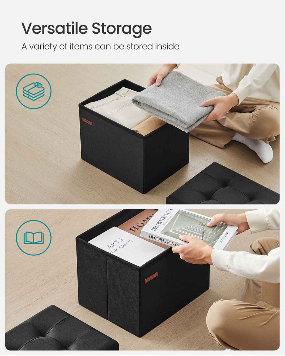 Foldable Storage Ottoman – Fabric – Ink Black – Compact Foot Rest with Storage
