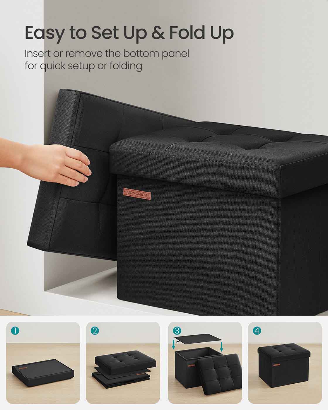 Foldable Storage Ottoman – Fabric – Ink Black – Compact Foot Rest with Storage