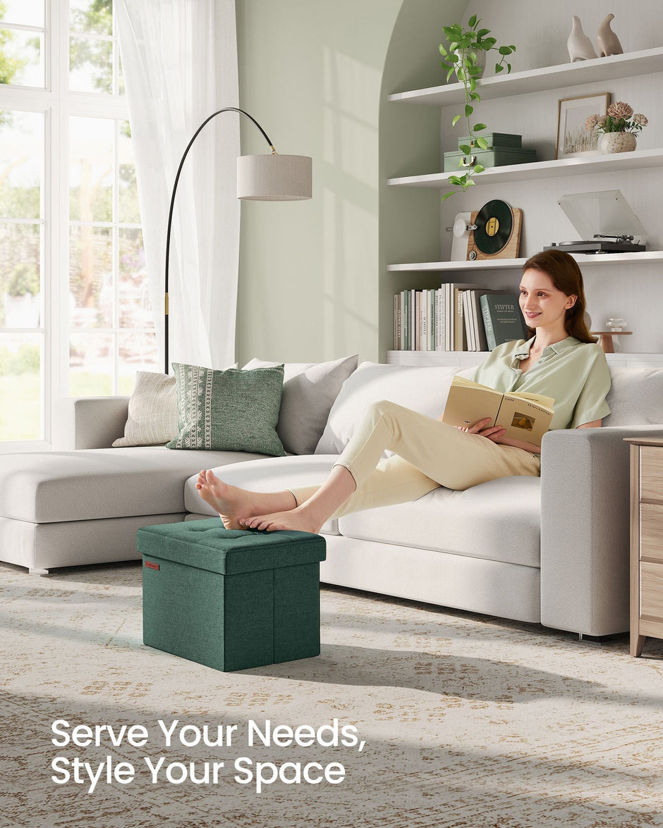 Small Foldable Storage Ottoman – Fabric – Retro Green – Versatile Foot Rest with Storage