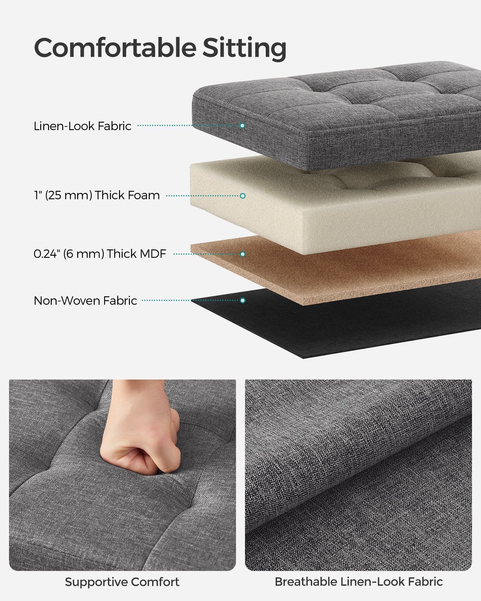 Foldable Storage Ottoman – Fabric – Dark Grey – Compact Design with Storage