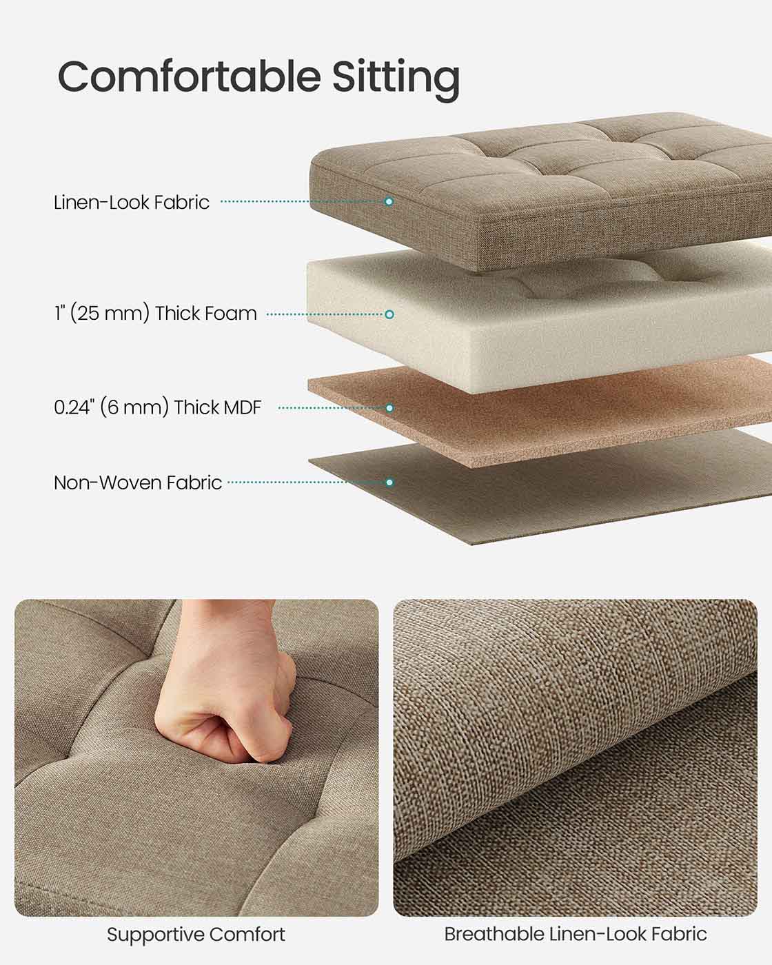 Foldable Storage Ottoman – Fabric – Camel Brown – Versatile Foot Rest with 130 kg Capacity