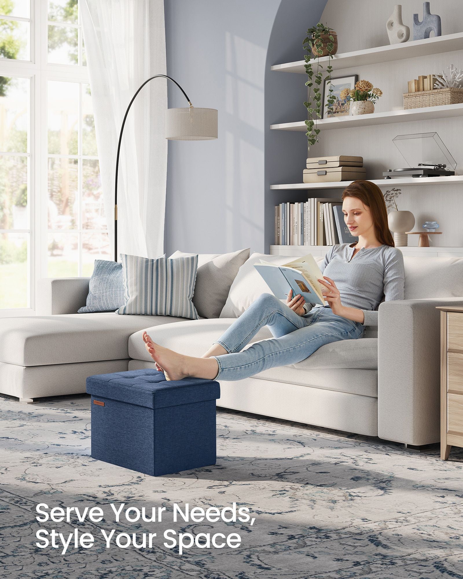 Small Foldable Storage Ottoman – Denim Blue – 31 x 41 cm – Multi-functional Foot Stool with 130 kg Capacity