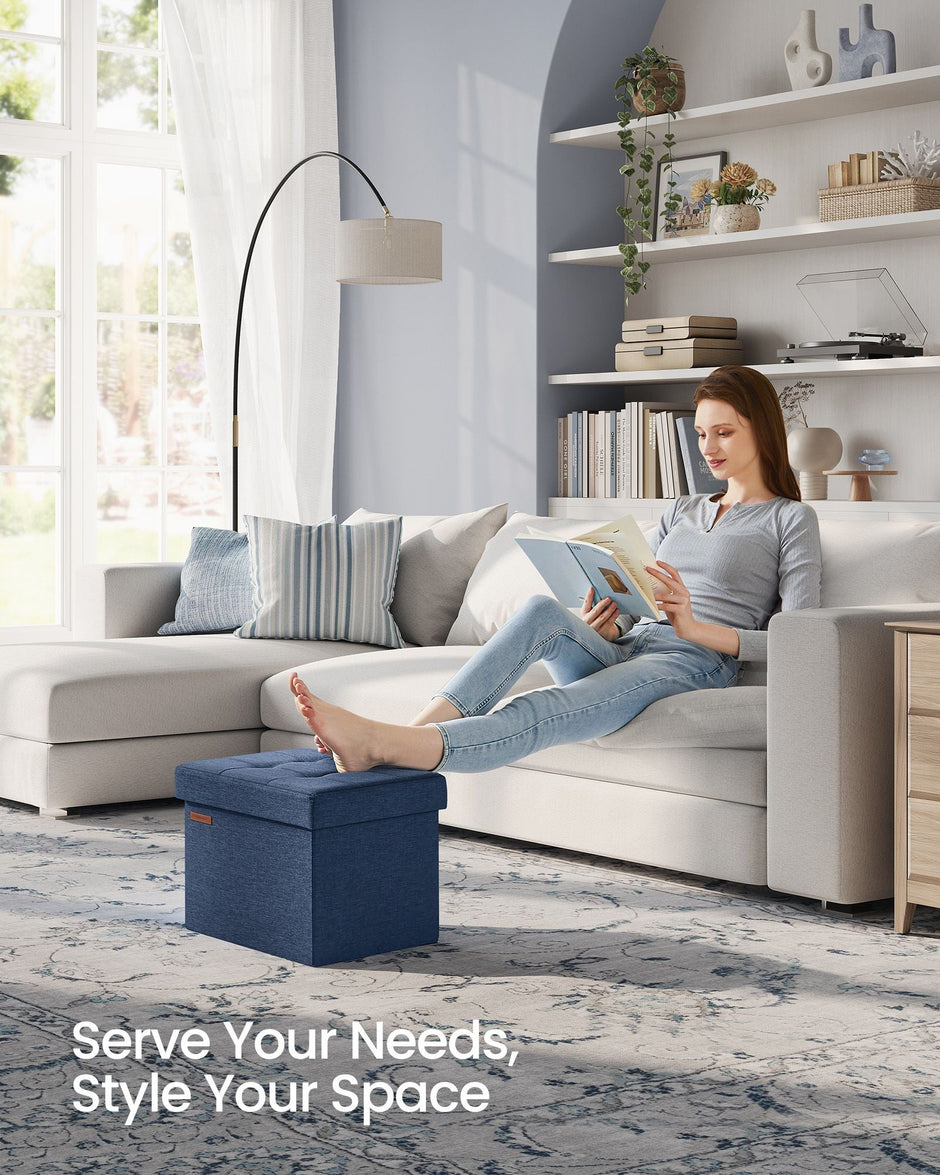 Small Foldable Storage Ottoman – Denim Blue – 31 x 41 cm – Multi-functional Foot Stool with 130 kg Capacity