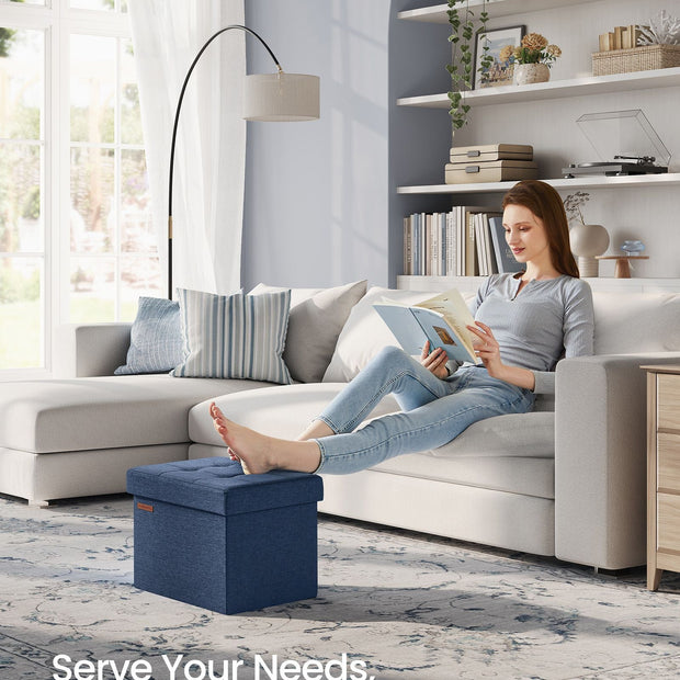 Small Foldable Storage Ottoman – Denim Blue – 31 x 41 cm – Multi-functional Foot Stool with 130 kg Capacity