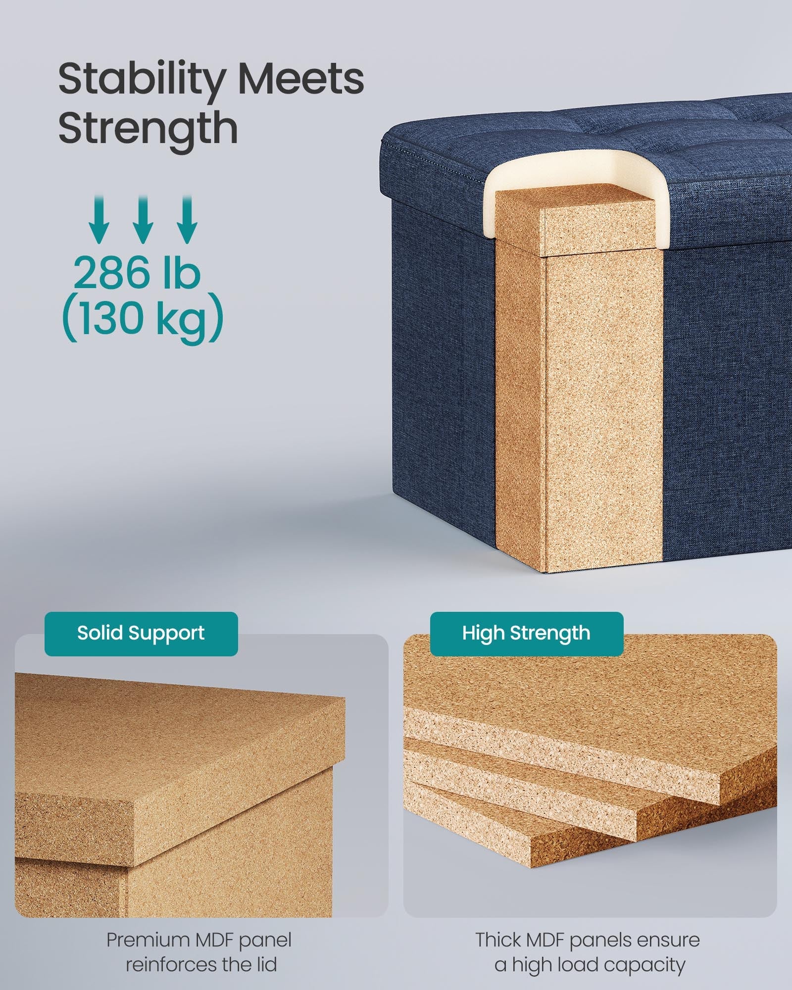 Small Foldable Storage Ottoman – Denim Blue – 31 x 41 cm – Multi-functional Foot Stool with 130 kg Capacity